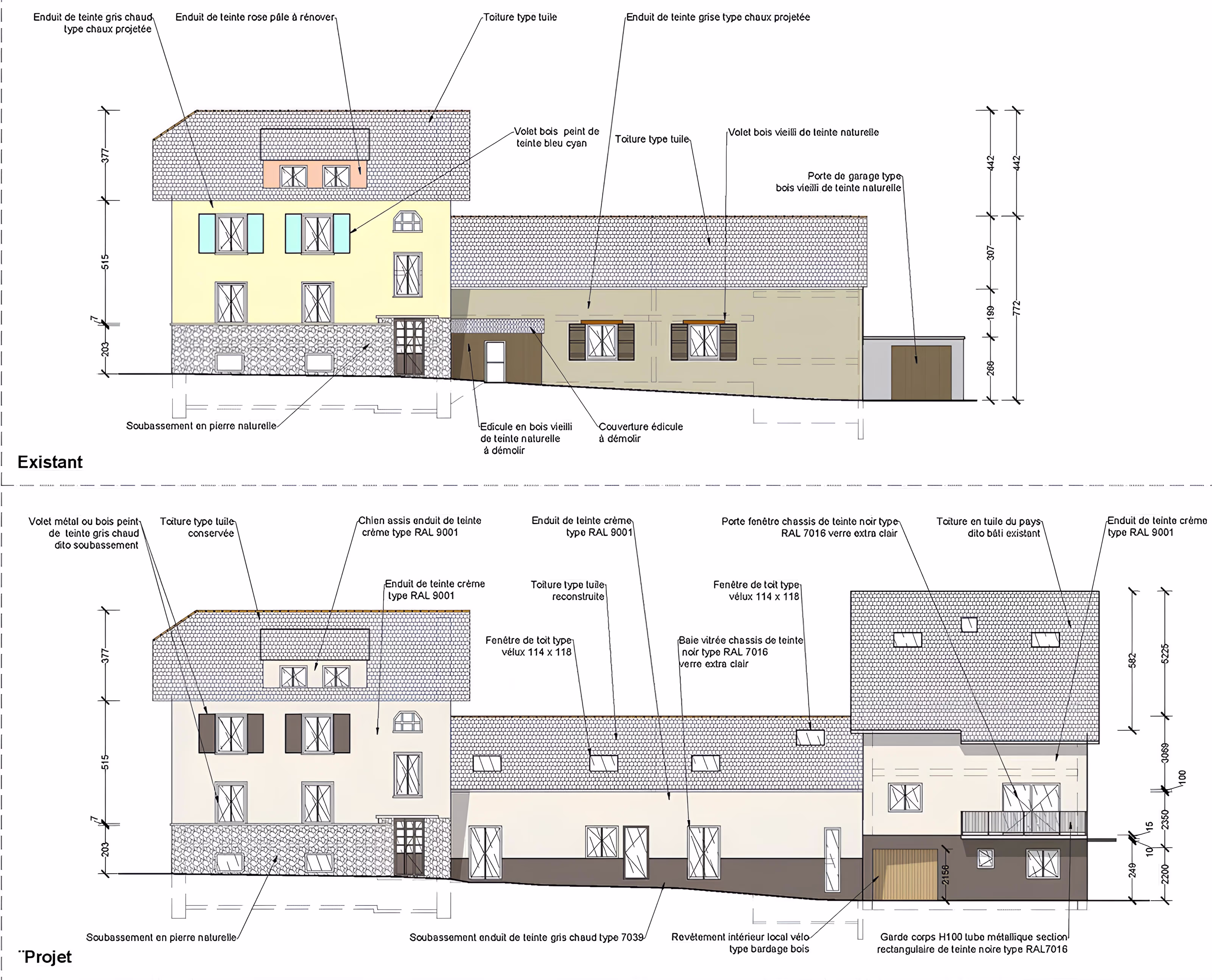 Plan façades existante et projetée, vue principale avec détails des matériaux, projet Appartement Collectifs MDS par SINA Architecture.
