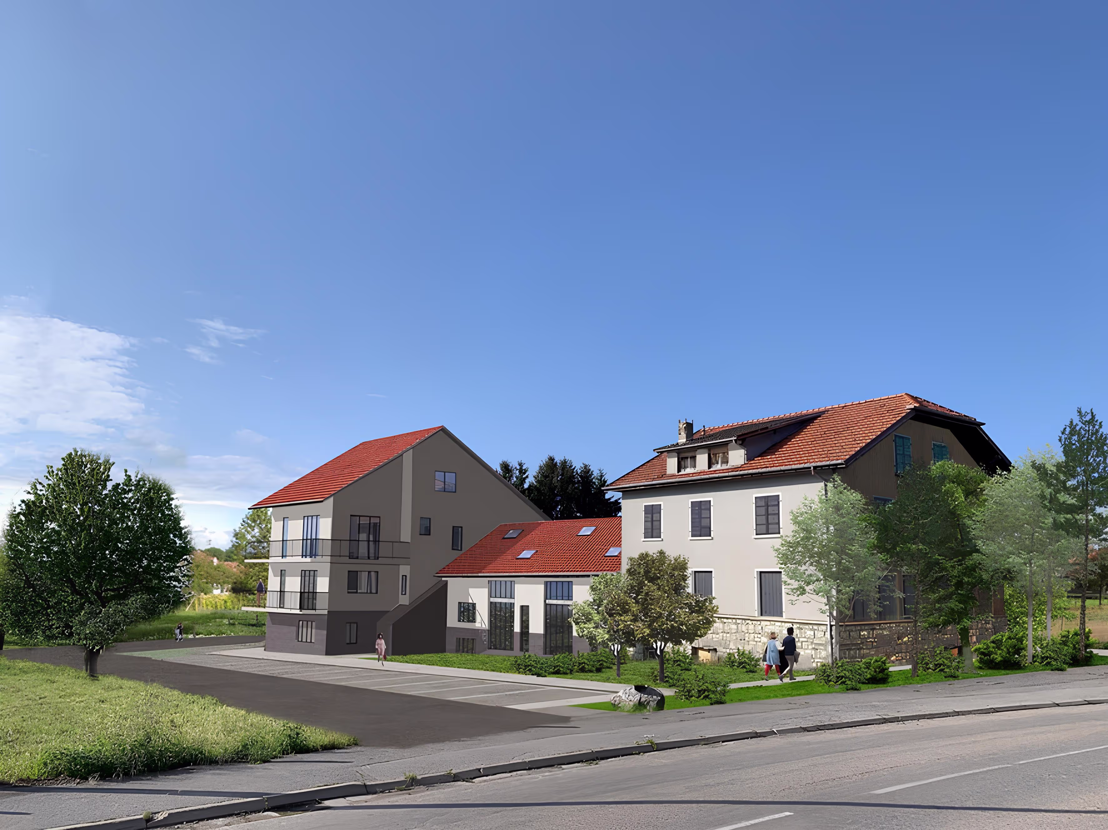 Vue 3D intégrée du projet terminé, montrant l’insertion des nouveaux bâtiments dans l’environnement paysager, projet Appartement Collectifs MDS par SINA Architecture.
