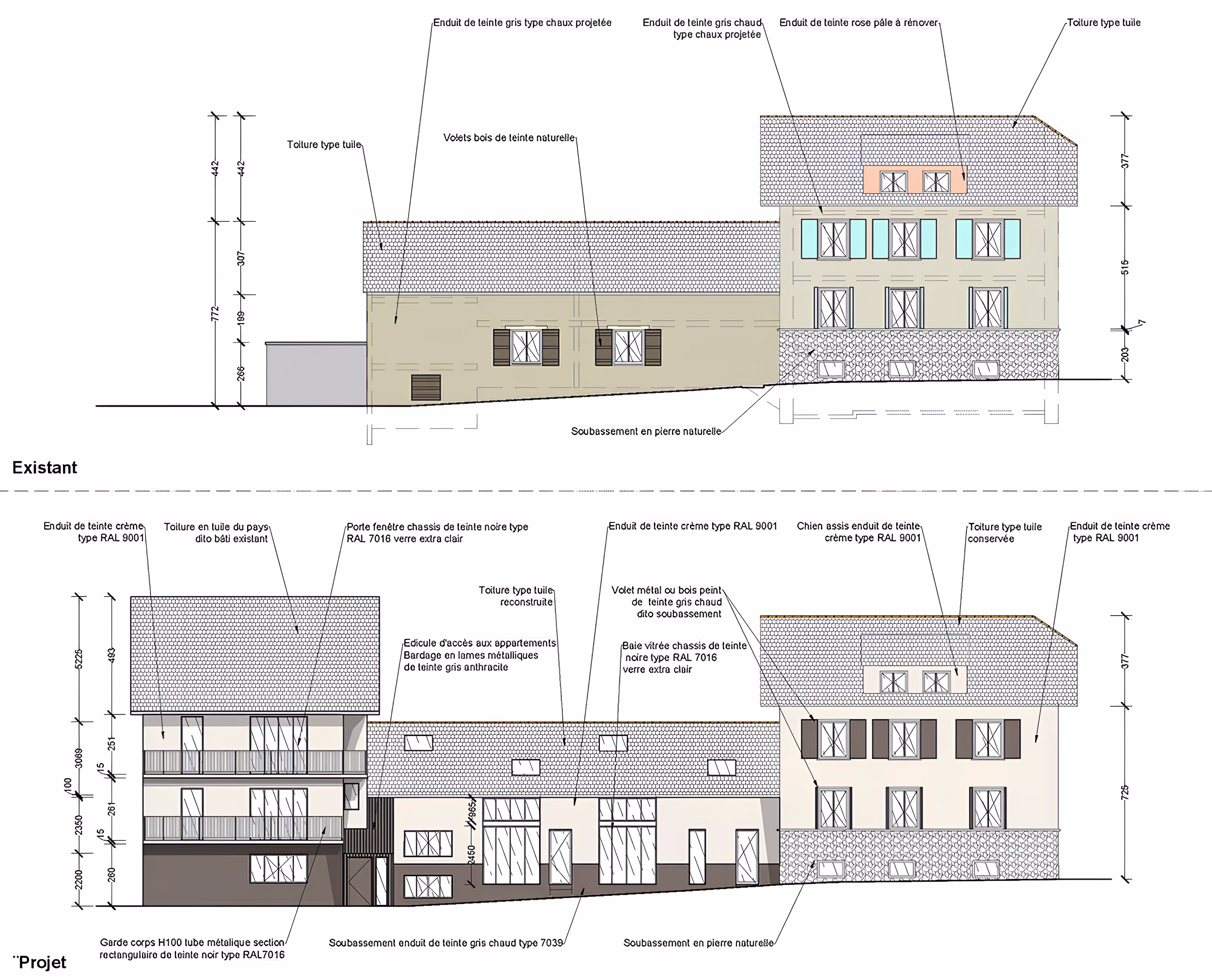 Plan façades existante et projetée, vue arrière avec précisions architecturales, projet Appartement Collectifs MDS par SINA Architecture.