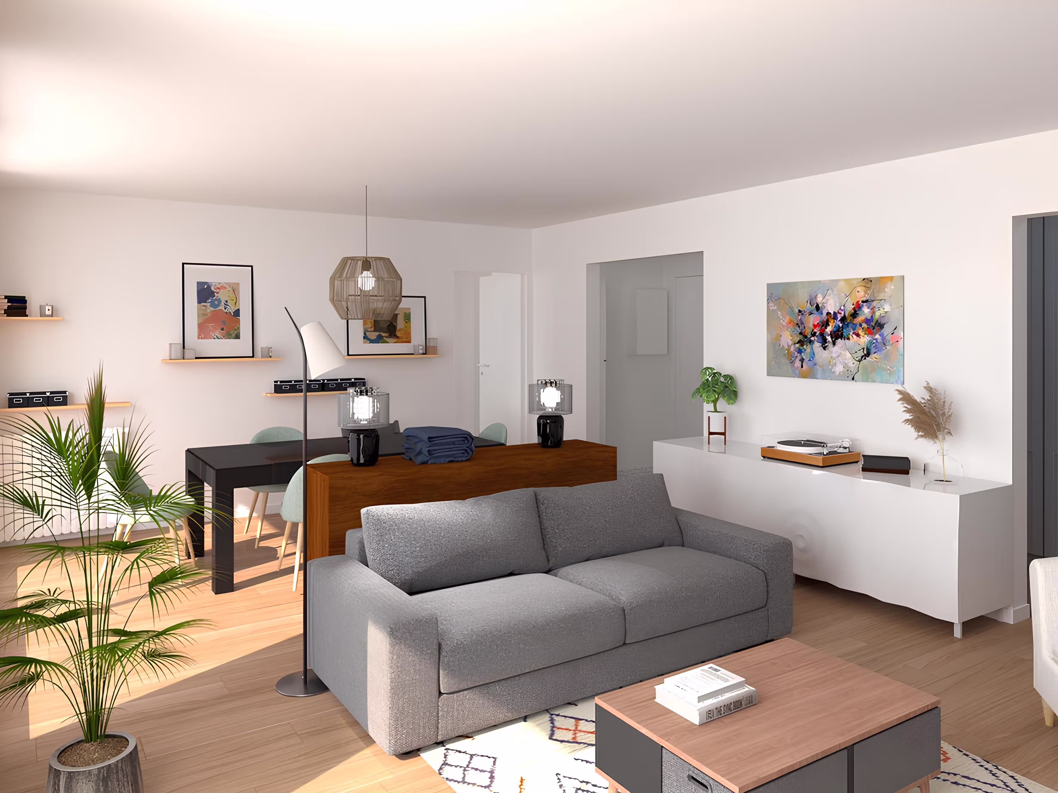 Salon lumineux avec coin salle à manger et meubles contemporains, projet Appartement Dagorno par SINA Architecture.
