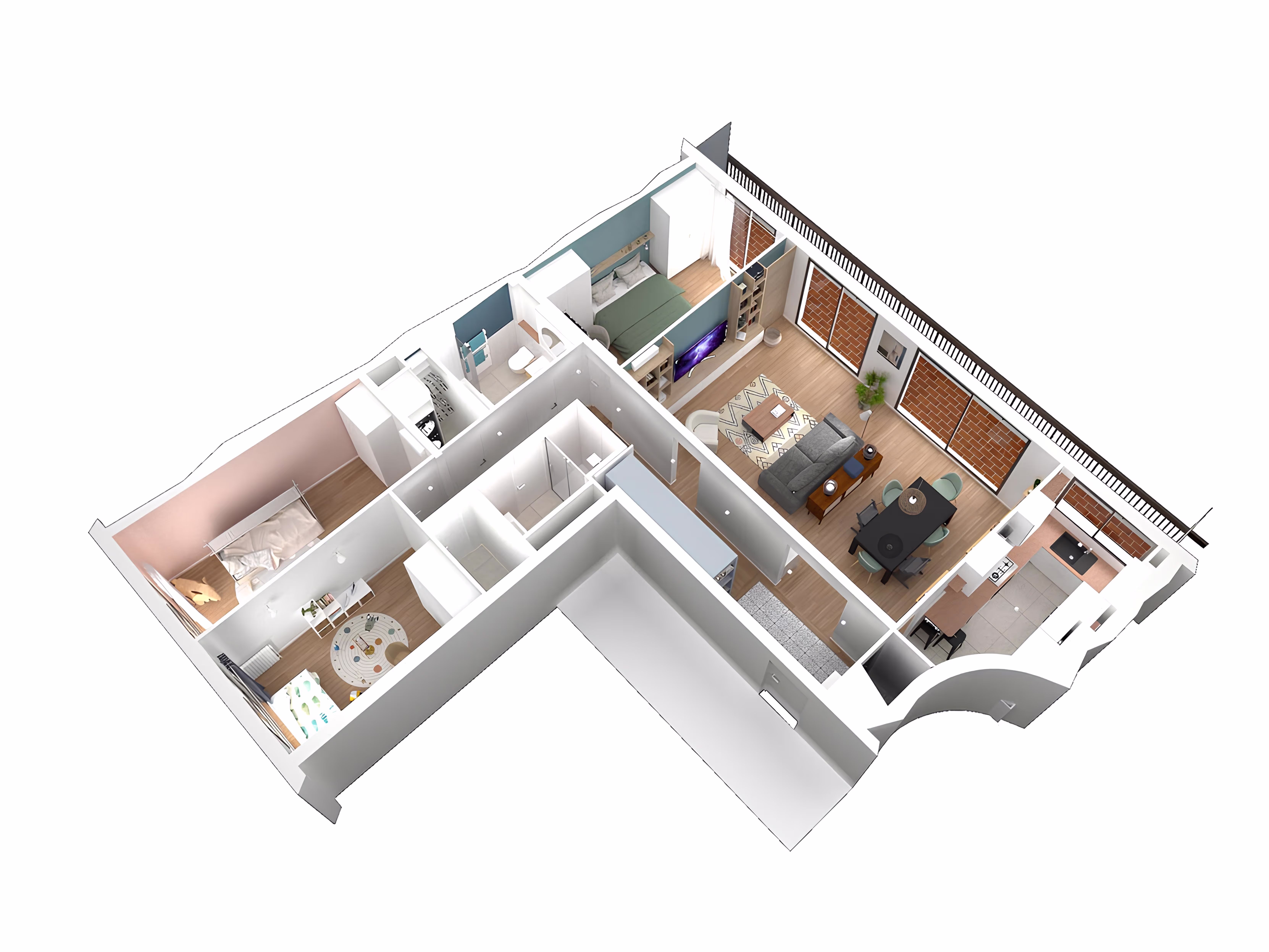 Plan 3D montrant l’ensemble de l’appartement rénové avec disposition des pièces, projet Appartement Dagorno par SINA Architecture.