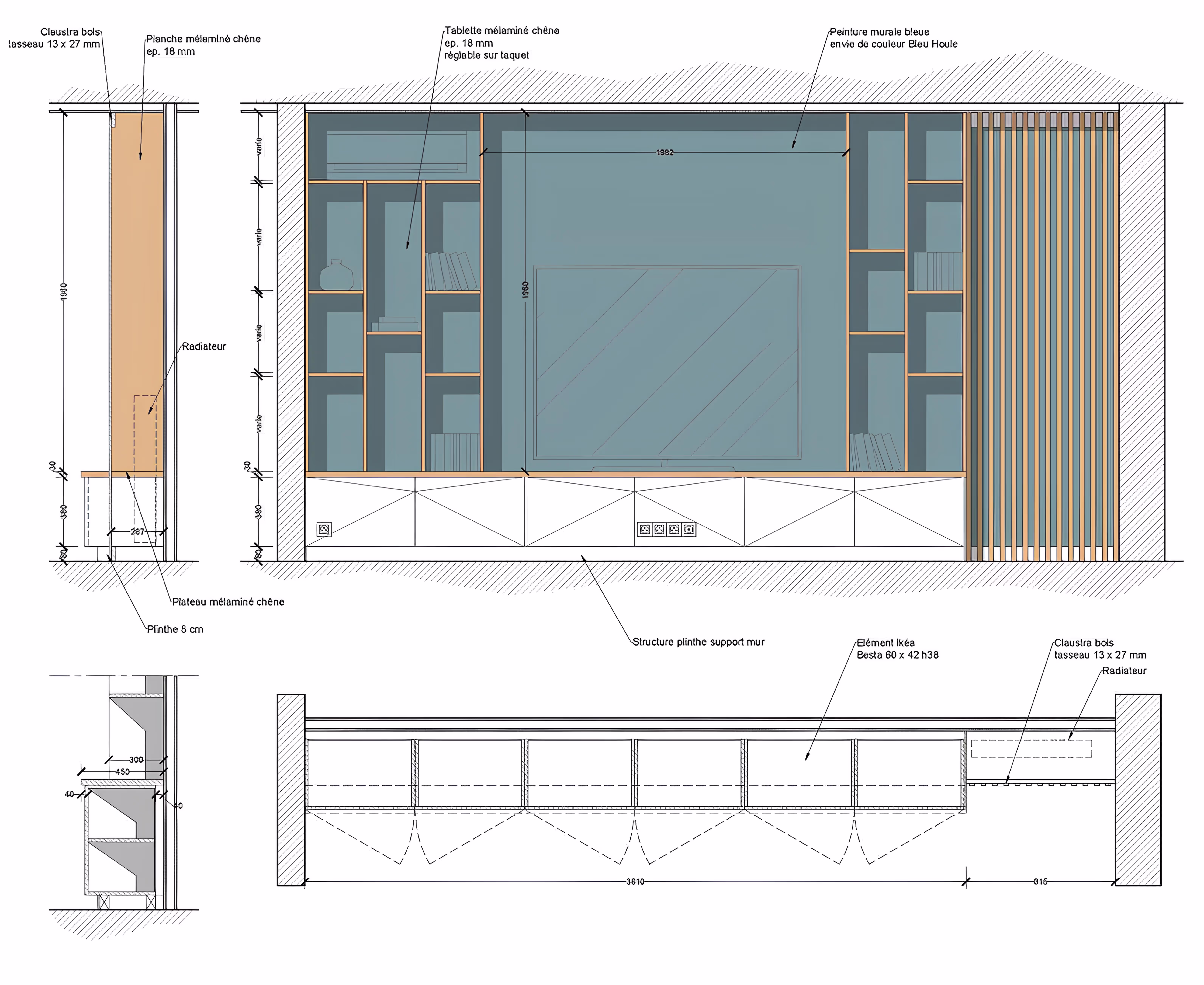 Plan détaillé d’un meuble TV sur mesure avec claustra bois, projet Appartement Dagorno par SINA Architecture.
