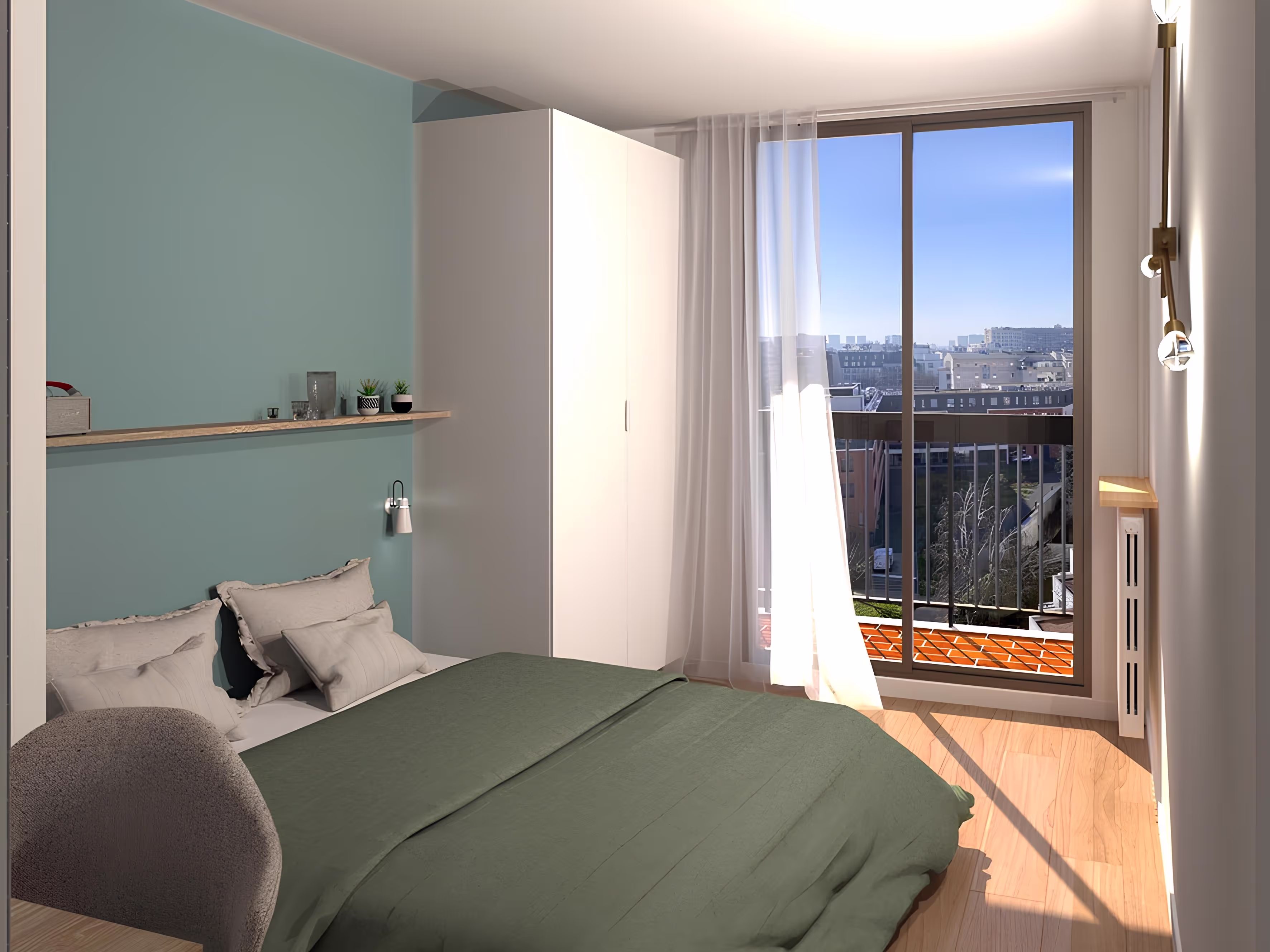 Chambre parentale aux tons doux avec grand placard et balcon offrant une vue dégagée, projet Appartement Dagorno par SINA Architecture.