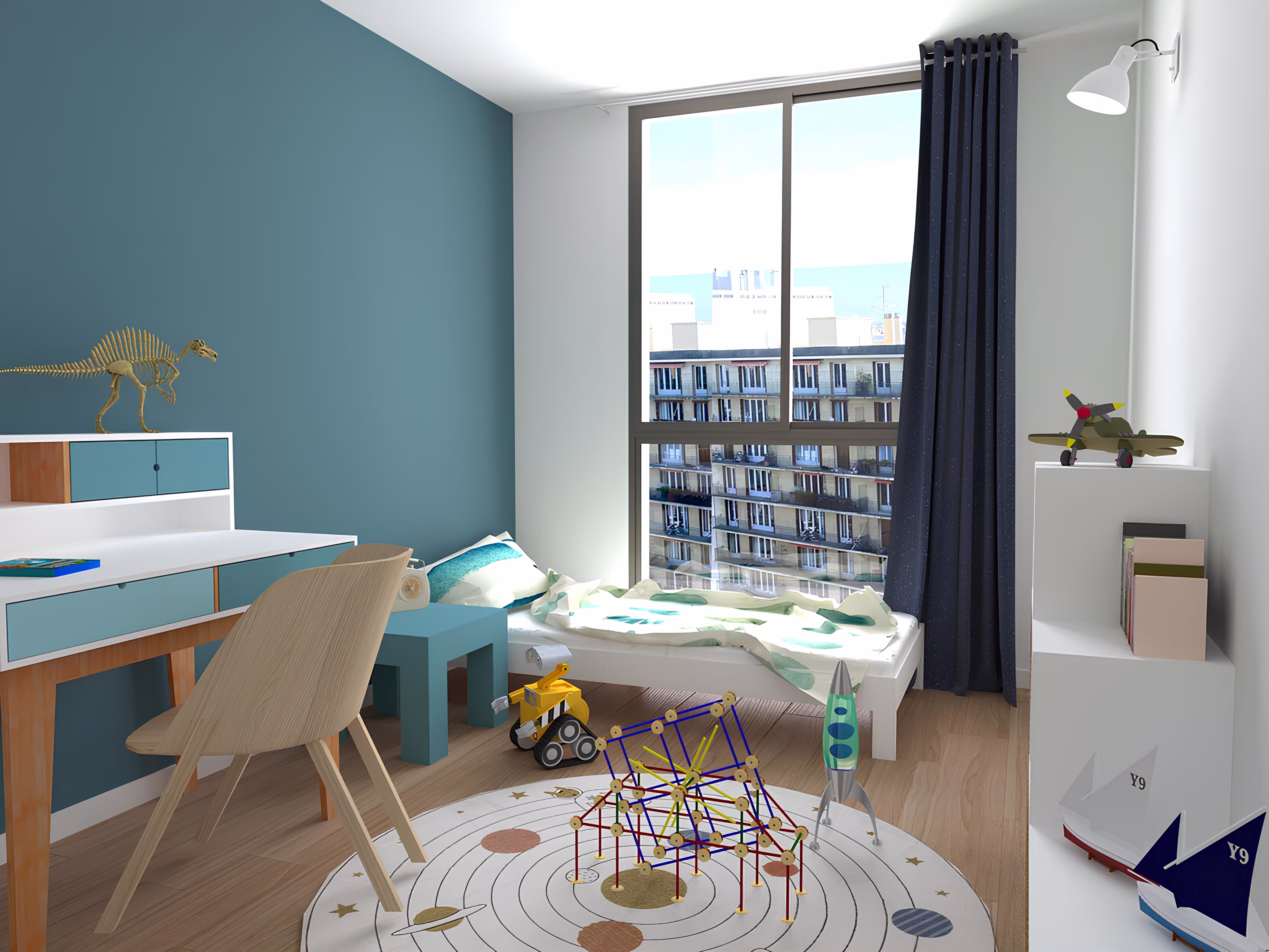 Chambre d’enfant avec bureau et décor ludique aux couleurs bleues, projet Appartement Dagorno par SINA Architecture.