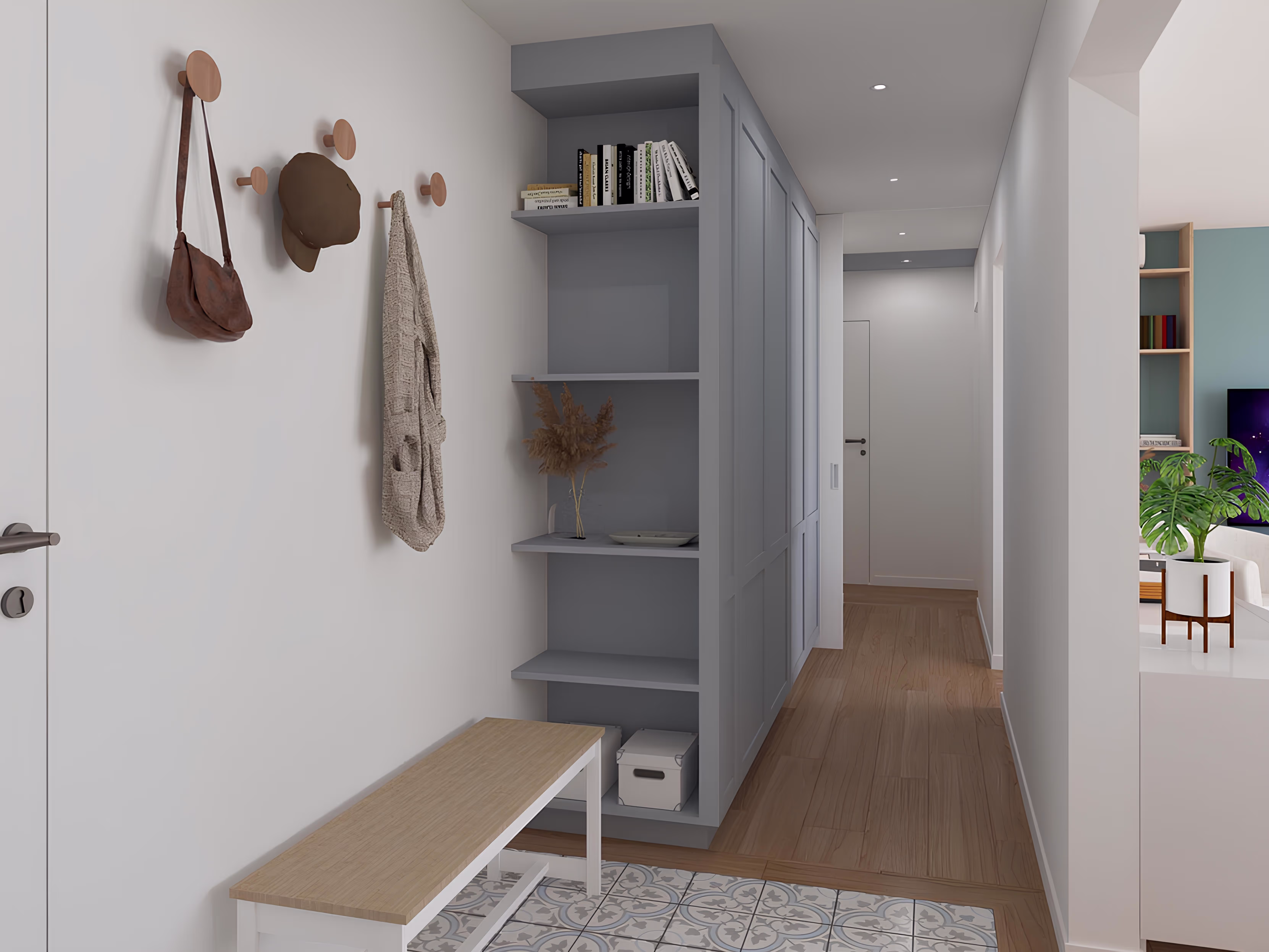 Entrée optimisée avec meuble intégré, étagères décoratives et banc pratique, projet Appartement Dagorno par SINA Architecture.