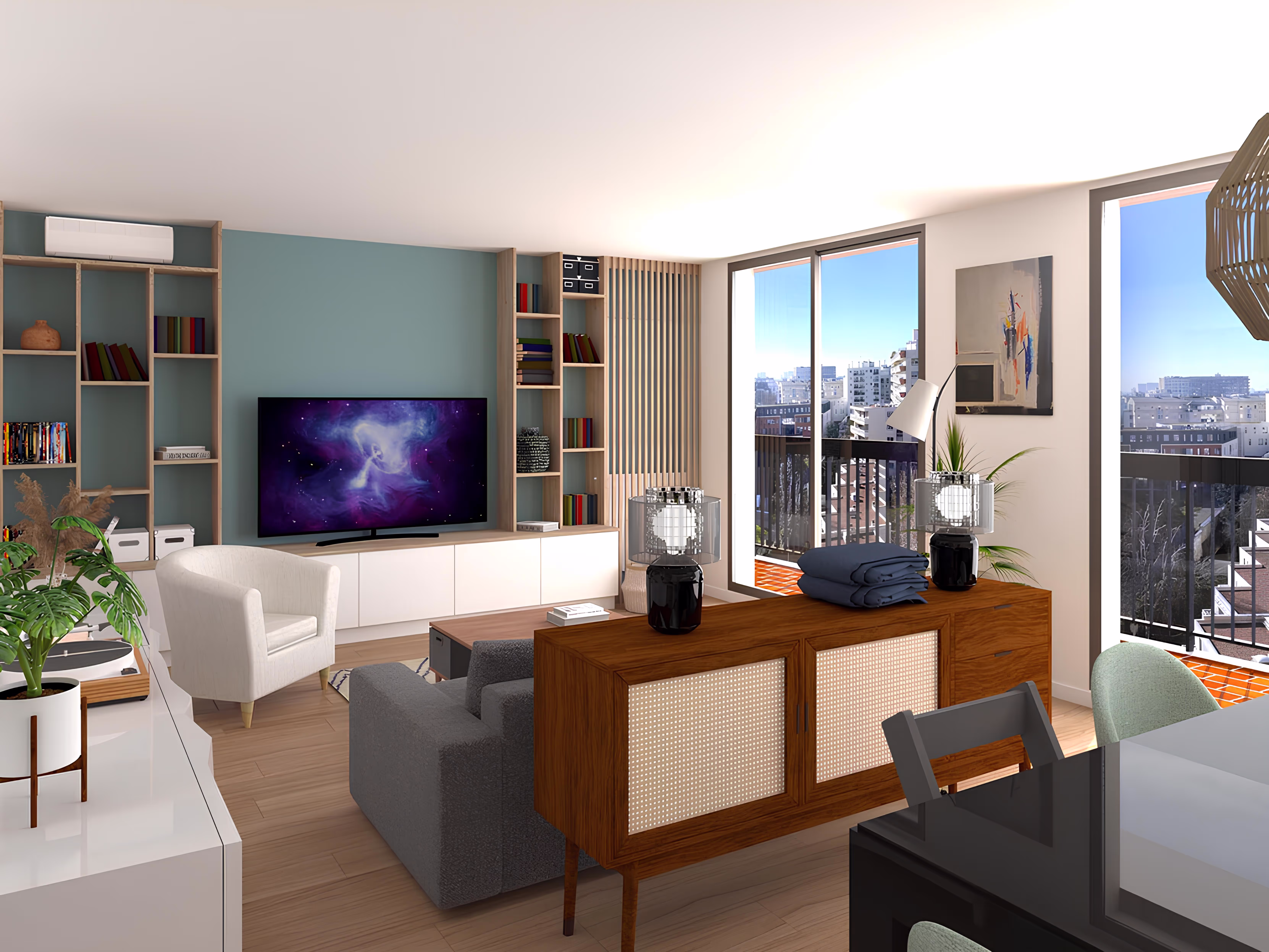 Vue du salon avec meuble TV, étagères intégrées et grandes baies vitrées offrant luminosité et panorama urbain, projet Appartement Dagorno par SINA Architecture.