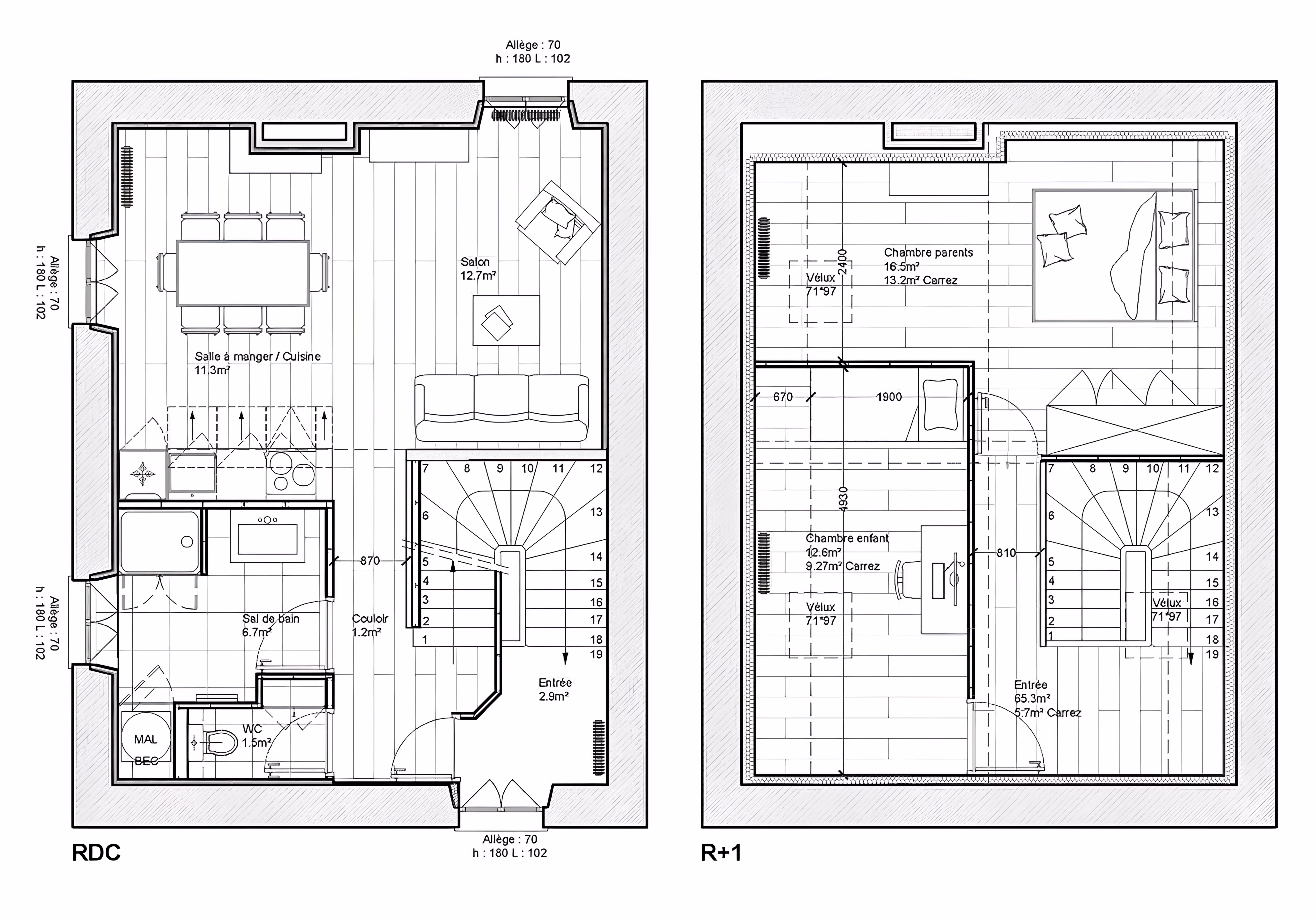 Plan d’aménagement intérieur de l’appartement rénové sur deux niveaux à Villeneuve-sur-Auvers par SINA Architecture.