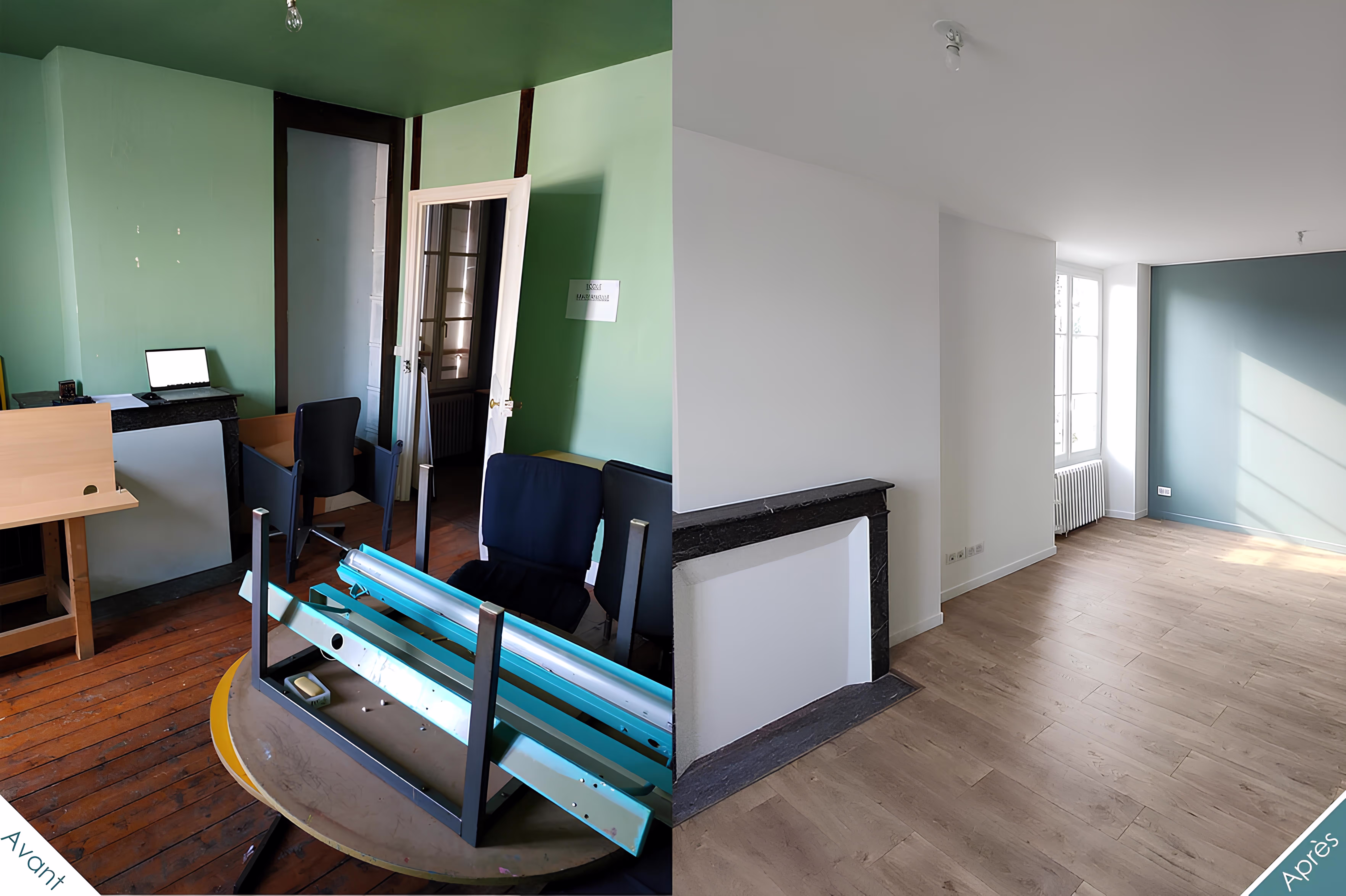 Salon entièrement rénové : comparaison avant-après mettant en valeur luminosité et modernité, Appartement Villeneuve, SINA Architecture.