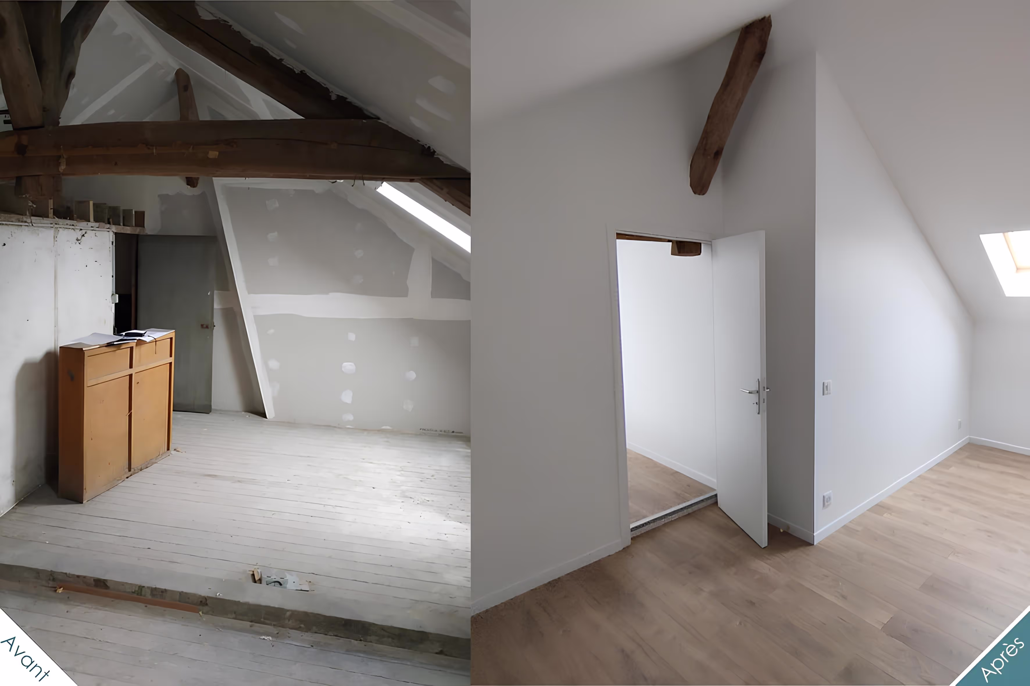 Comparaison avant-après rénovation chambre sous combles, optimisation de l’espace, Appartement Villeneuve par SINA Architecture.