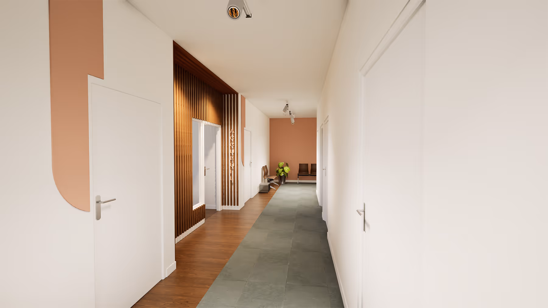 Rendu 3D du couloir d'accès aux cabinets de consultation, cabinet médical de Franconville, SINA Architecture