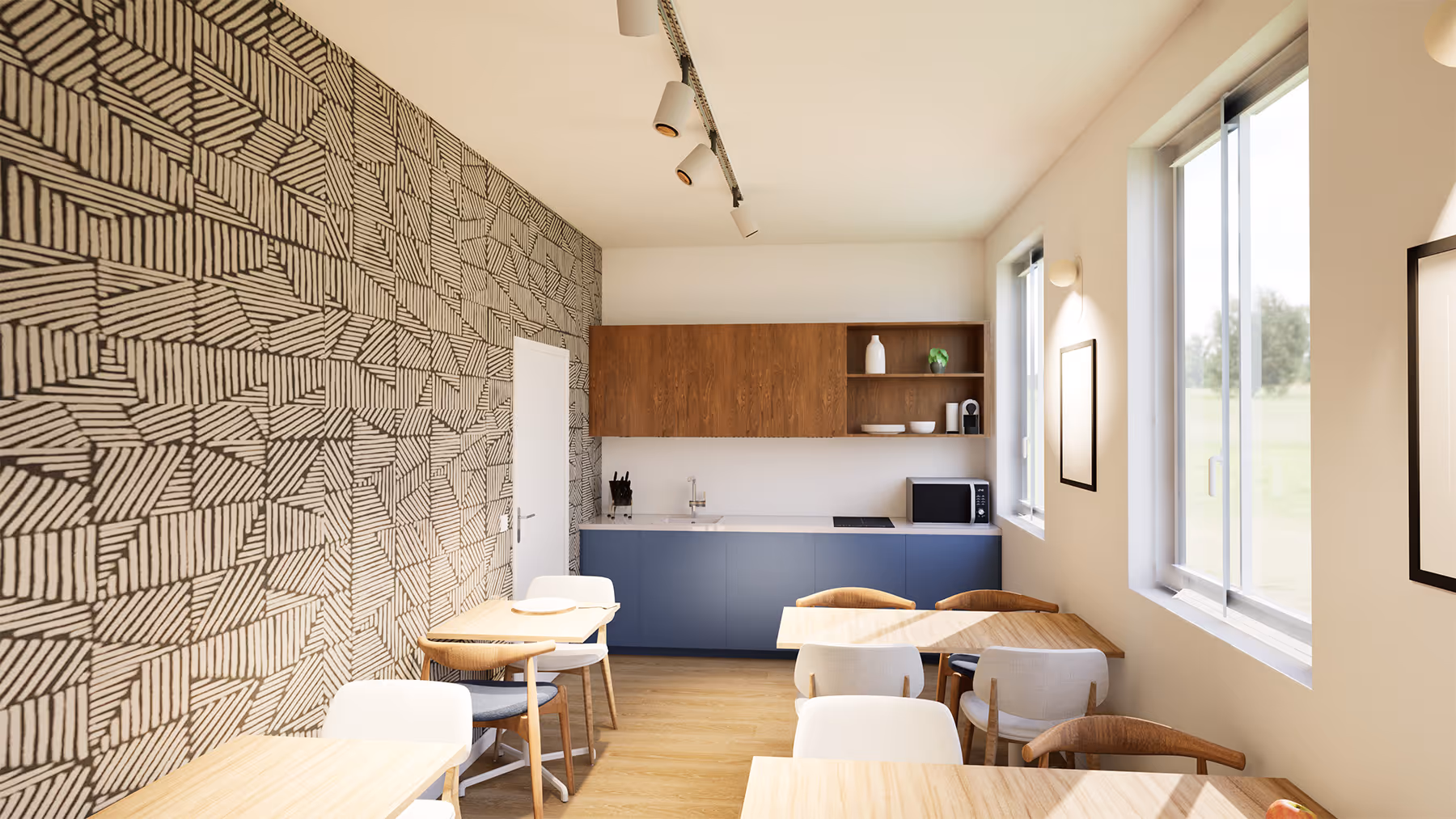 Rendu 3D de la kitchenette et de l'espace restauration du personnel du cabinet médical de Franconville, SINA Architecture