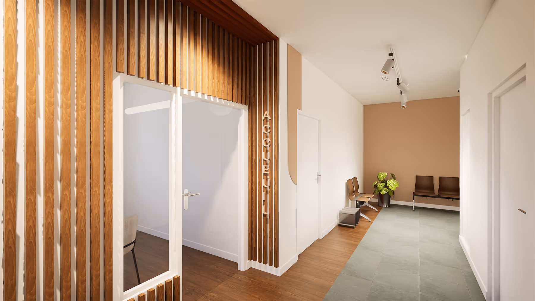 Rendu 3D de la zone d'accueil avec claustra bois et salle d'attente du cabinet médical de Franconville, SINA Architecture