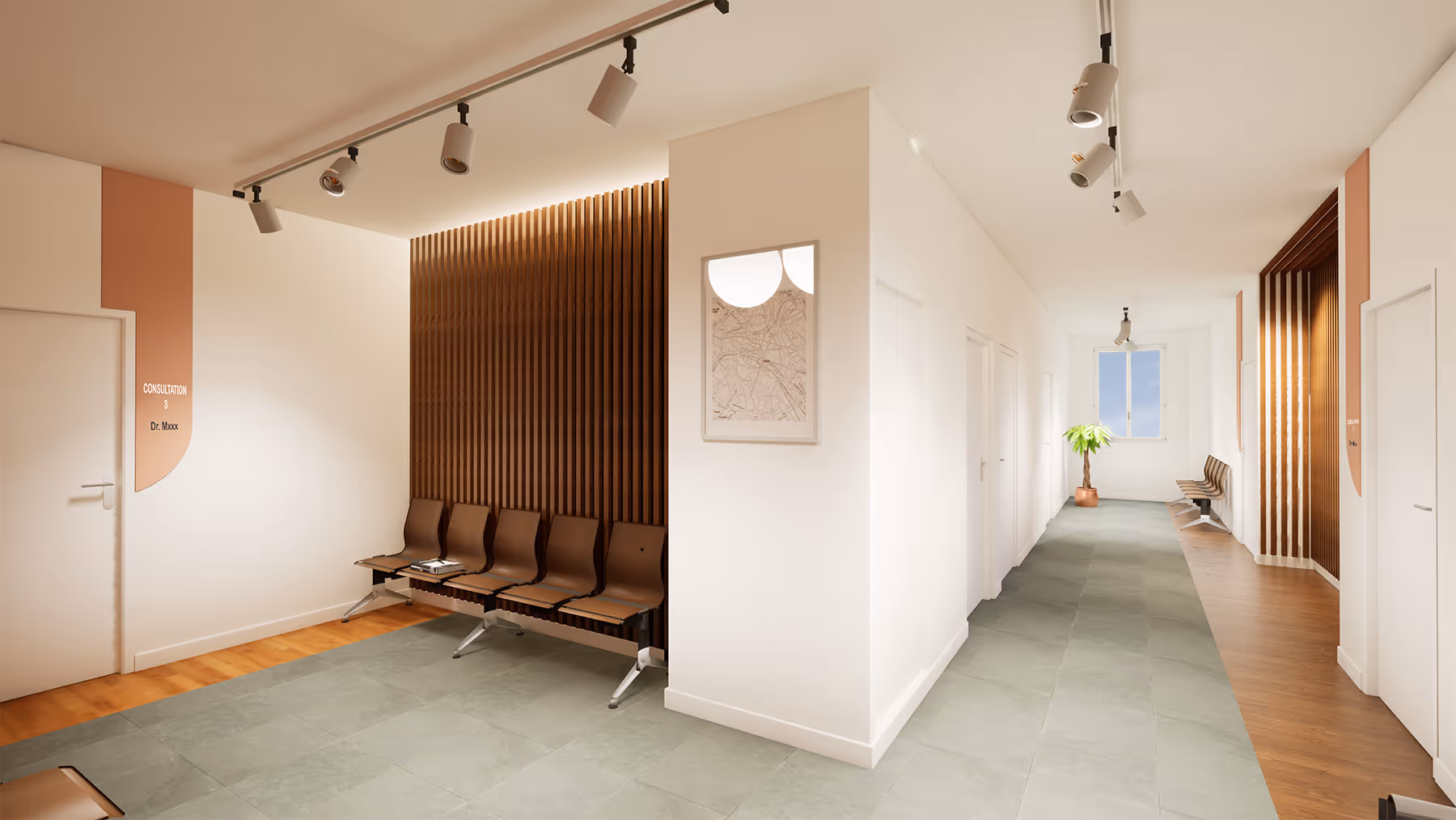 Rendu 3D de la salle d'attente et du couloir de distribution des cabinets du cabinet médical de Franconville, SINA Architecture