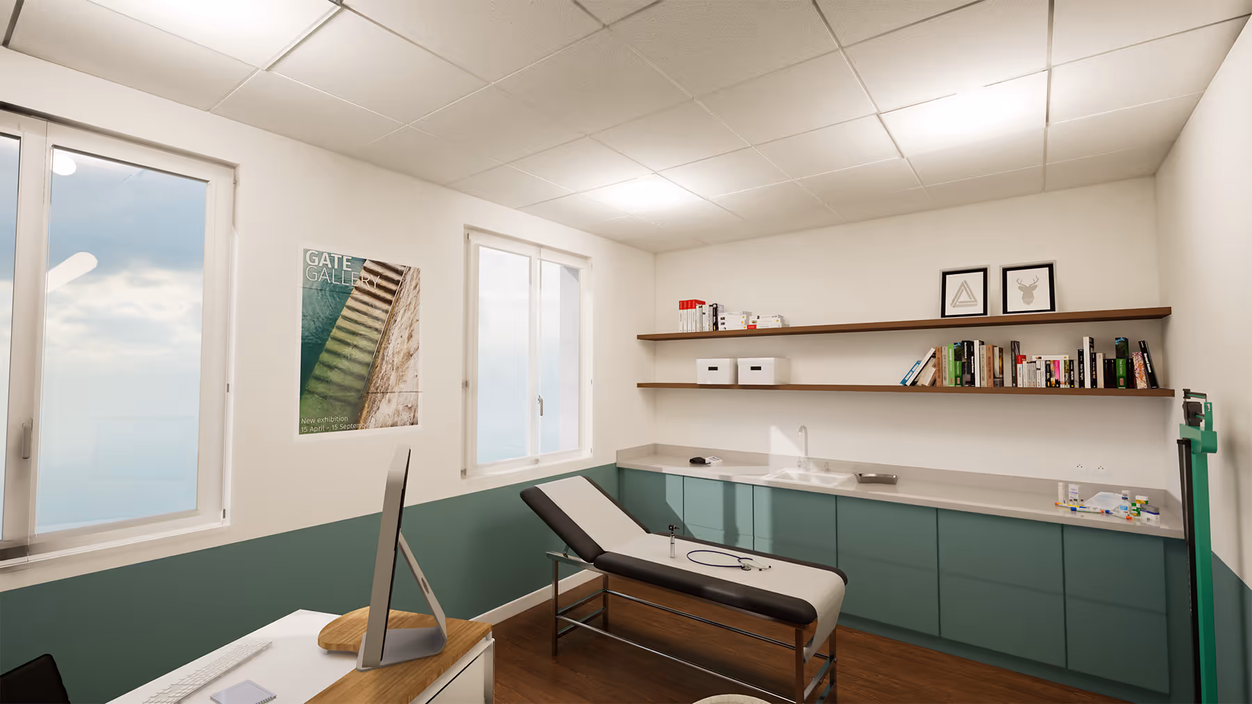 Rendu 3D d'un cabinet de consultation avec table d'examen et mobilier intégré du cabinet médical de Franconville, SINA Architecture