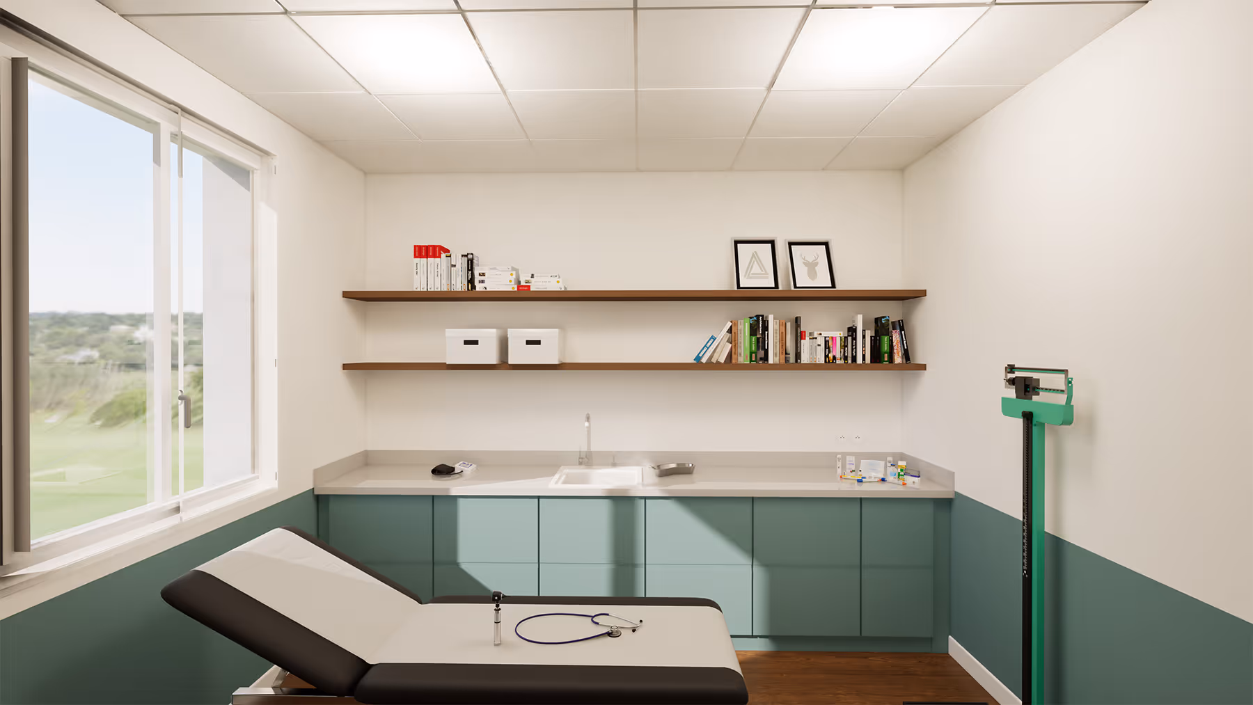 Rendu 3D d'un cabinet de consultation, vue sur le mobilier médical et les étagères du cabinet médical de Franconville, SINA Architecture
