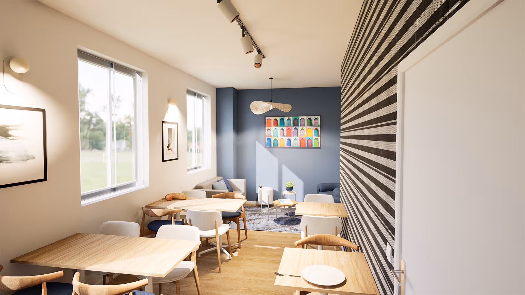 Rendu 3D de l'espace repas du personnel, salle polyvalente avec coin salon du cabinet médical de Franconville, SINA Architecture