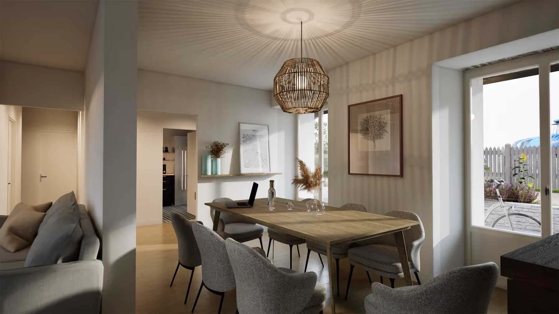 Rendu 3D de la salle à manger d'un logement, Chez Madeleine, La Forêt-Sainte-Croix, SINA Architecture
