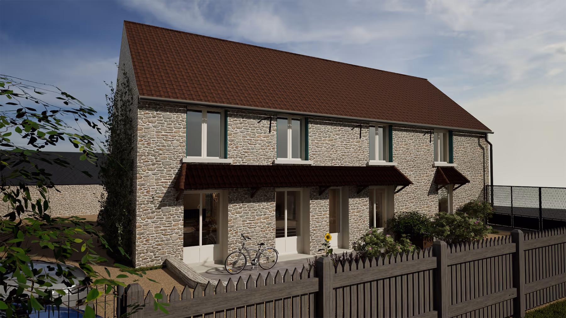 Rendu 3D de la façade sur rue du corps de ferme, Chez Madeleine, La Forêt-Sainte-Croix, SINA Architecture