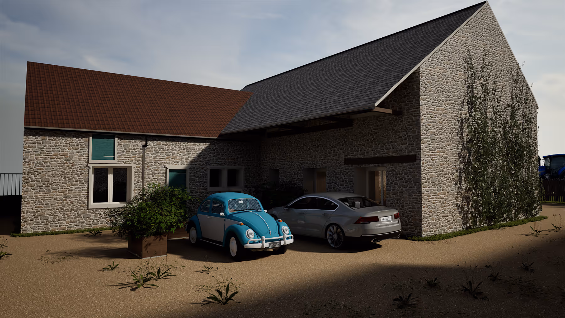 Rendu 3D de la façade sur rue du corps de ferme, Chez Madeleine, La Forêt-Sainte-Croix, SINA Architecture
