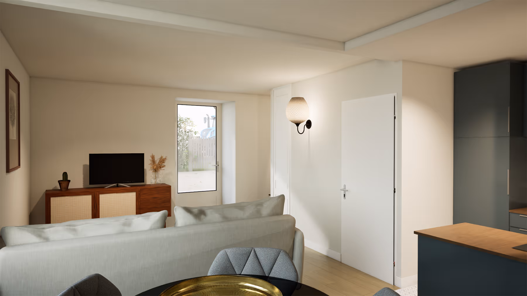 Rendu 3D du salon avec vue sur la cuisine d'un logement, Chez Madeleine, La Forêt-Sainte-Croix, SINA Architecture