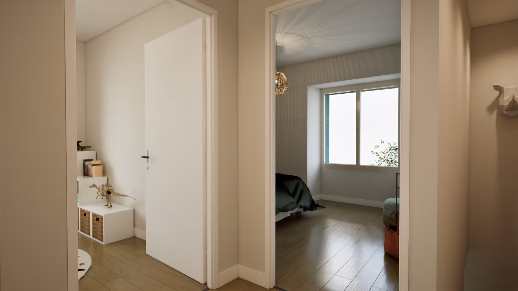 Rendu 3D du couloir desservant les chambres d'un logement, Chez Madeleine, La Forêt-Sainte-Croix, SINA Architecture