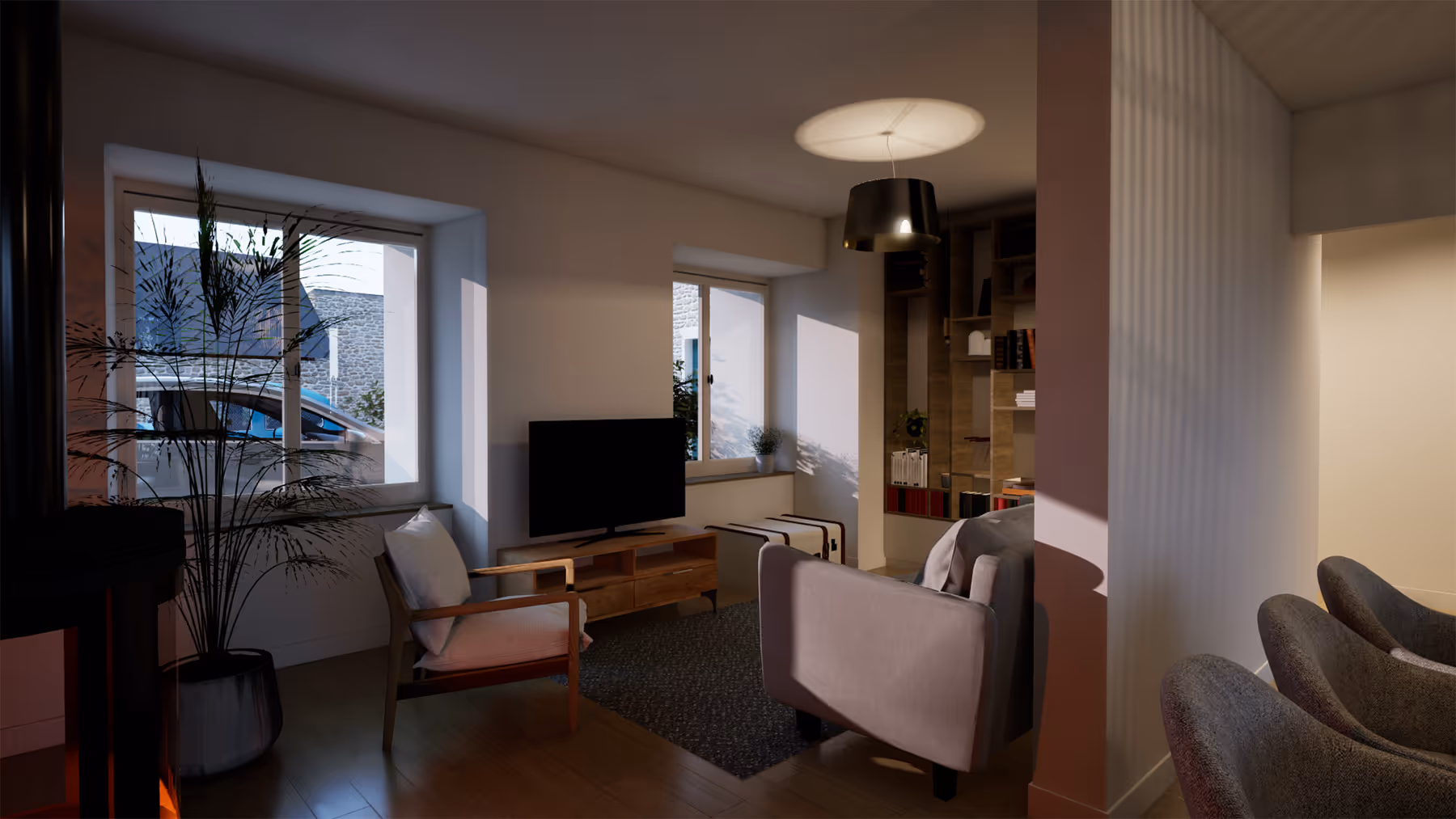Rendu 3D du salon avec bibliothèque intégrée d'un logement, Chez Madeleine, La Forêt-Sainte-Croix, SINA Architecture