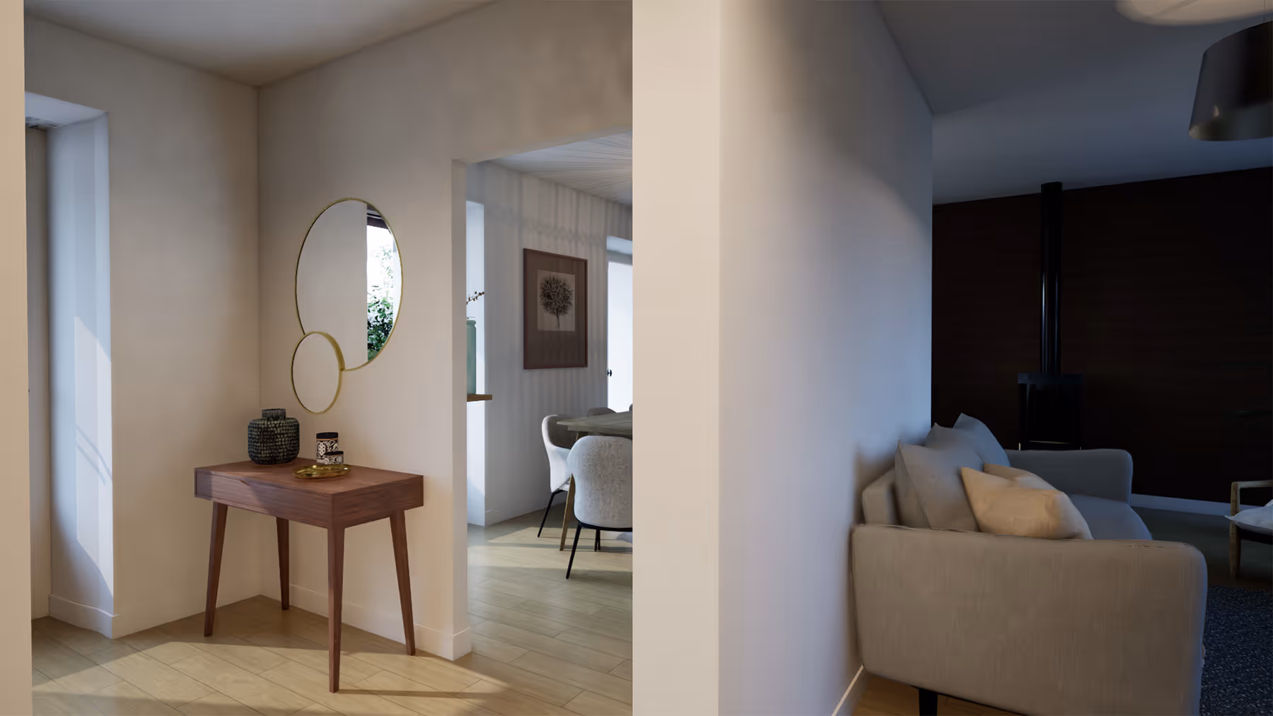 Rendu 3D de l'entrée avec vue sur le séjour et le salon, Chez Madeleine, La Forêt-Sainte-Croix, SINA Architecture