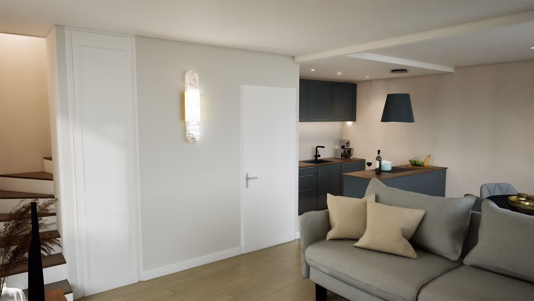  Rendu 3D du séjour avec cuisine ouverte et escalier d'un logement, Chez Madeleine, La Forêt-Sainte-Croix, SINA Architecture