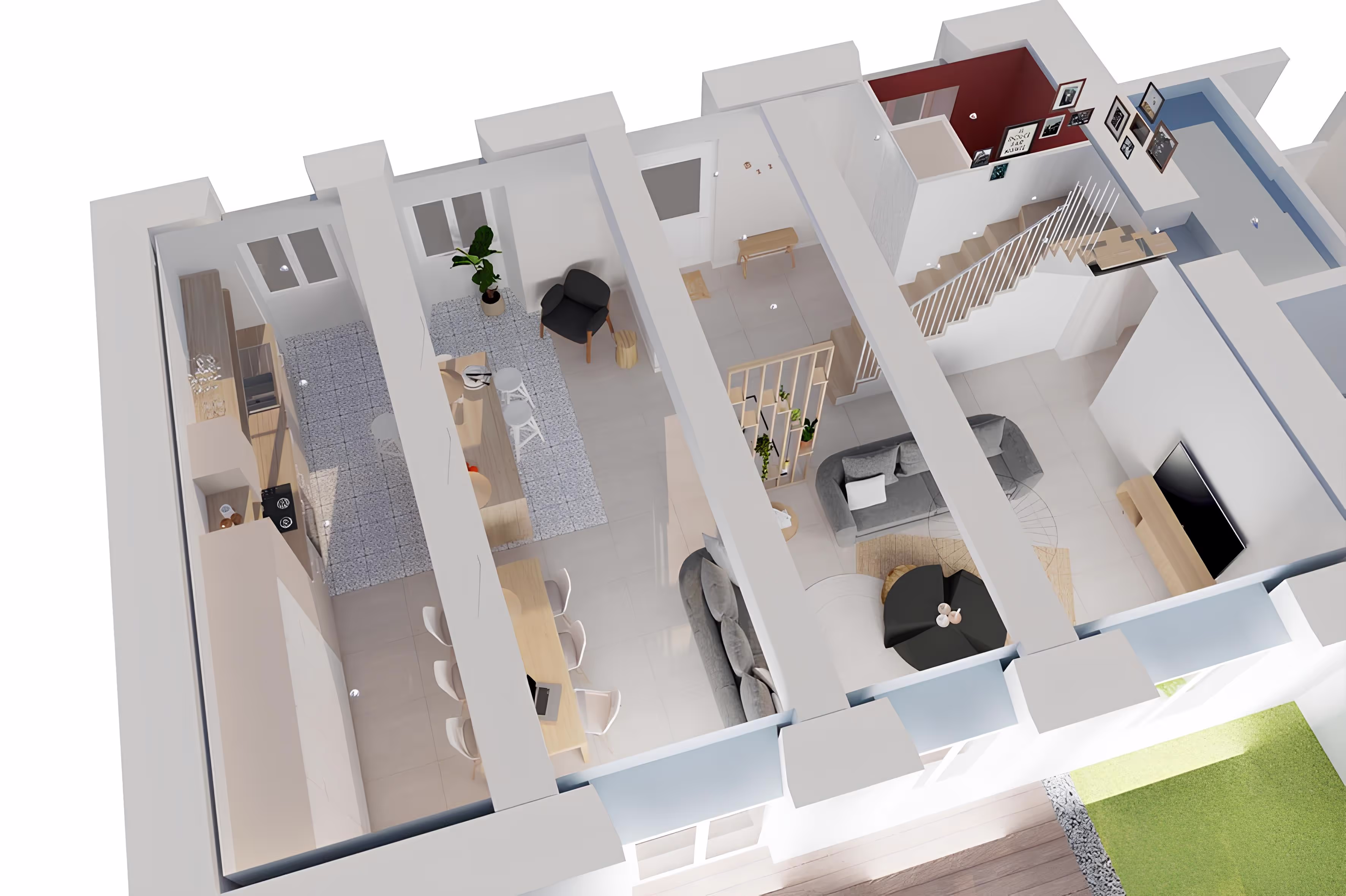 Vue aérienne 3D du rez-de-chaussée illustrant la répartition des espaces, projet Corps de ferme La Basse par SINA Architecture.