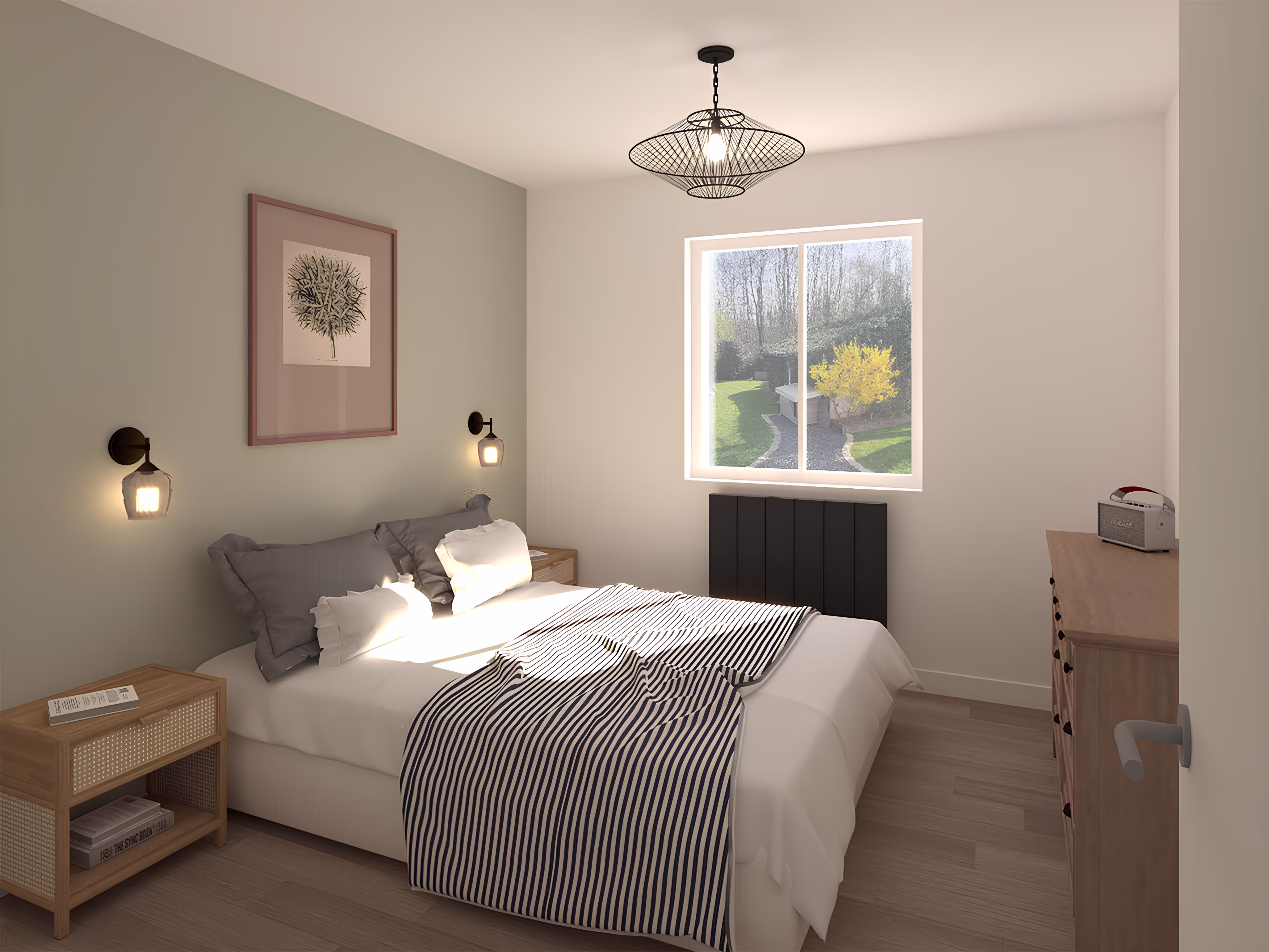 Chambre cosy avec vue sur jardin arboré, projet Extension Machery par SINA Architecture.