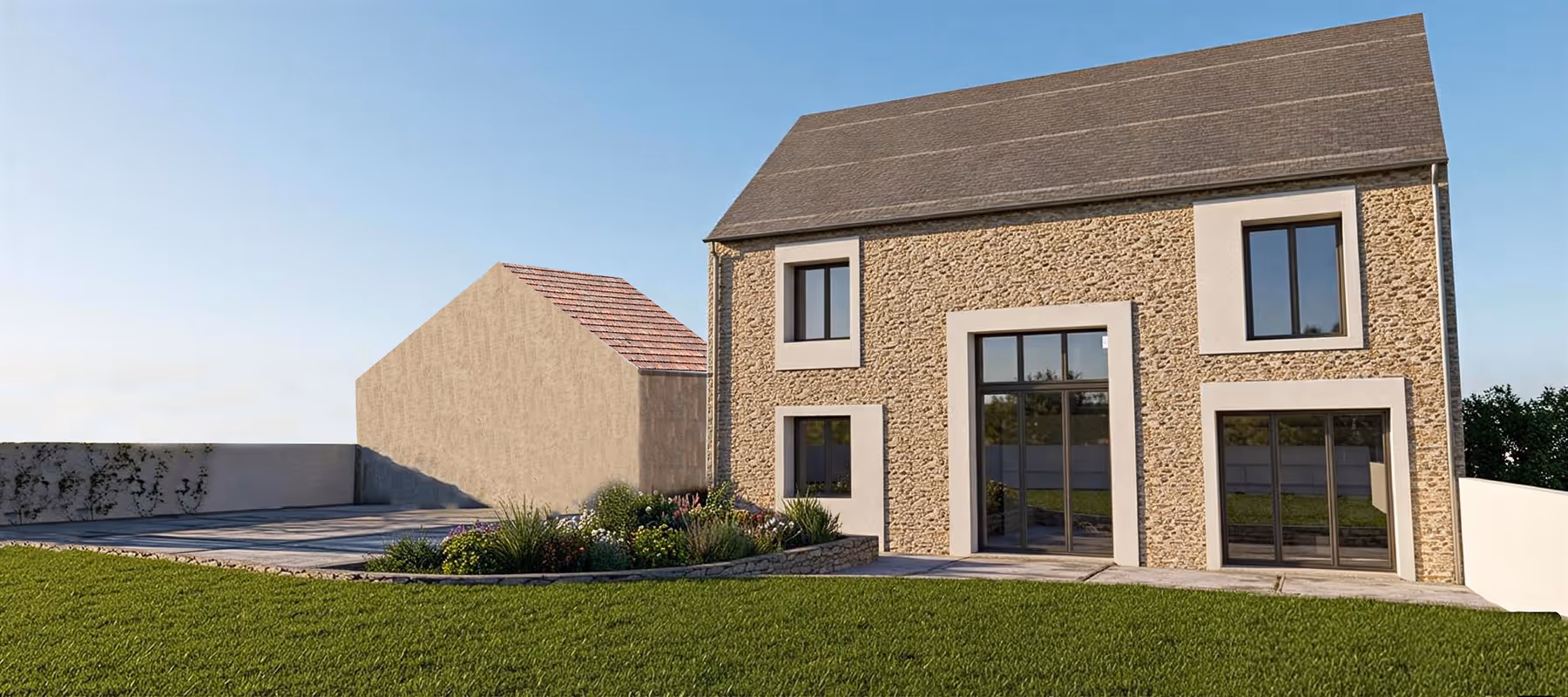Rendu 3D de la façade jardin de la grange réhabilitée avec terrasse, Grange de Froideville, SINA Architecture