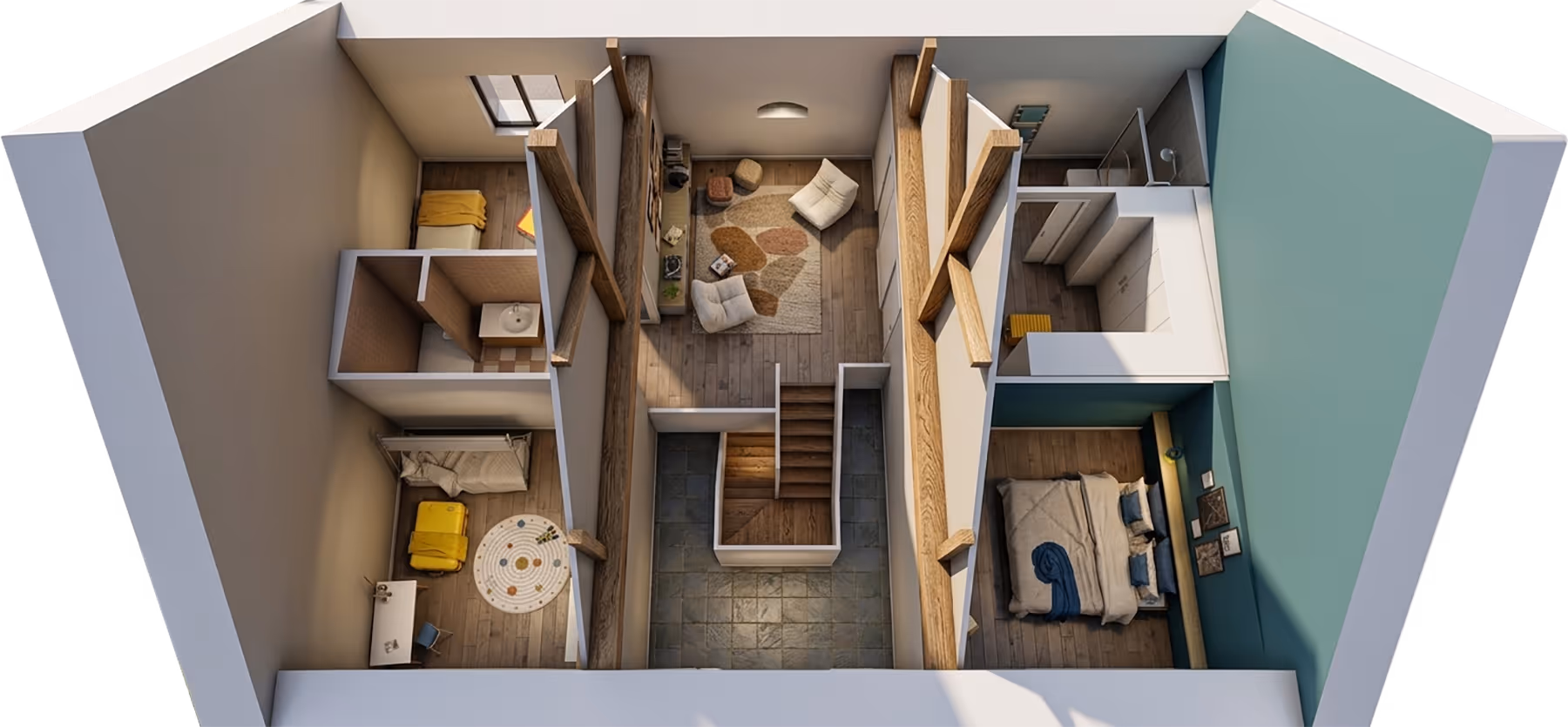 Plan 3D en coupe de l'étage avec chambres, salle de bain et espace de vie, Grange de Froideville, SINA Architecture