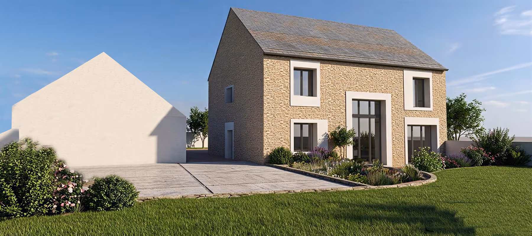 Rendu 3D de la façade principale de la grange réhabilitée côté entrée, Grange de Froideville, SINA Architecture