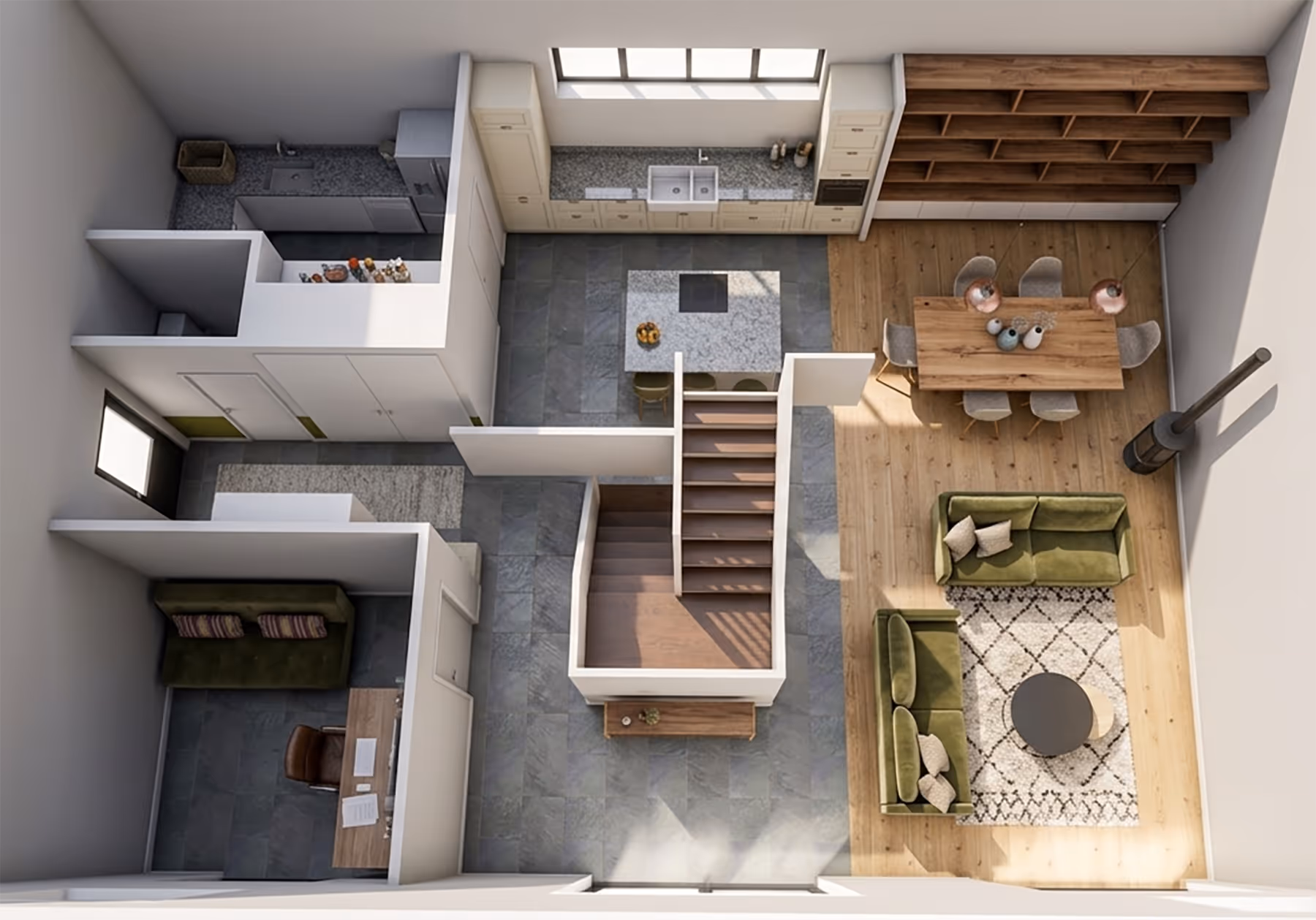 Plan 3D en coupe du rez-de-chaussée avec cuisine, salon, salle à manger et escalier, Grange de Froideville, SINA Architecture