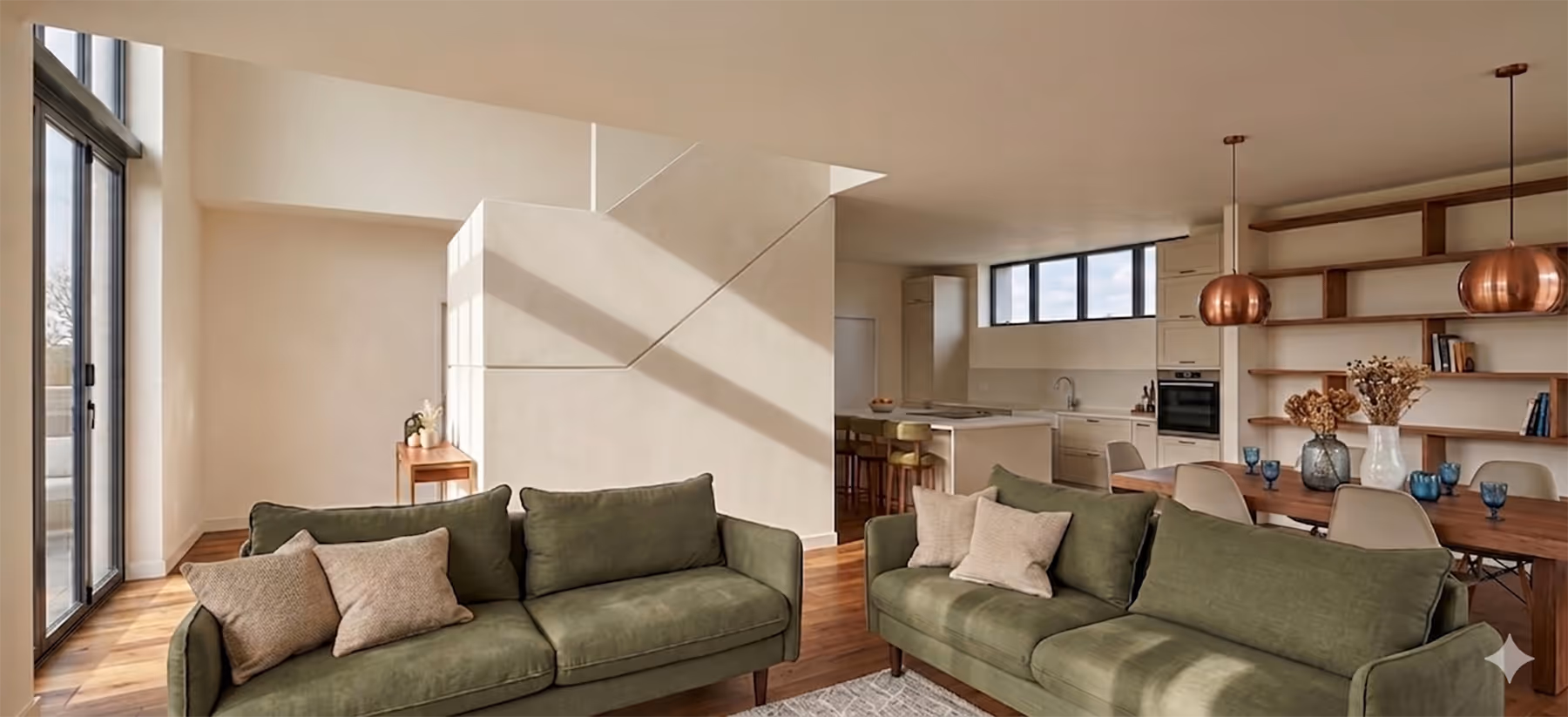Rendu 3D du séjour ouvert avec escalier sculptural et vue sur la cuisine, Grange de Froideville, SINA Architecture