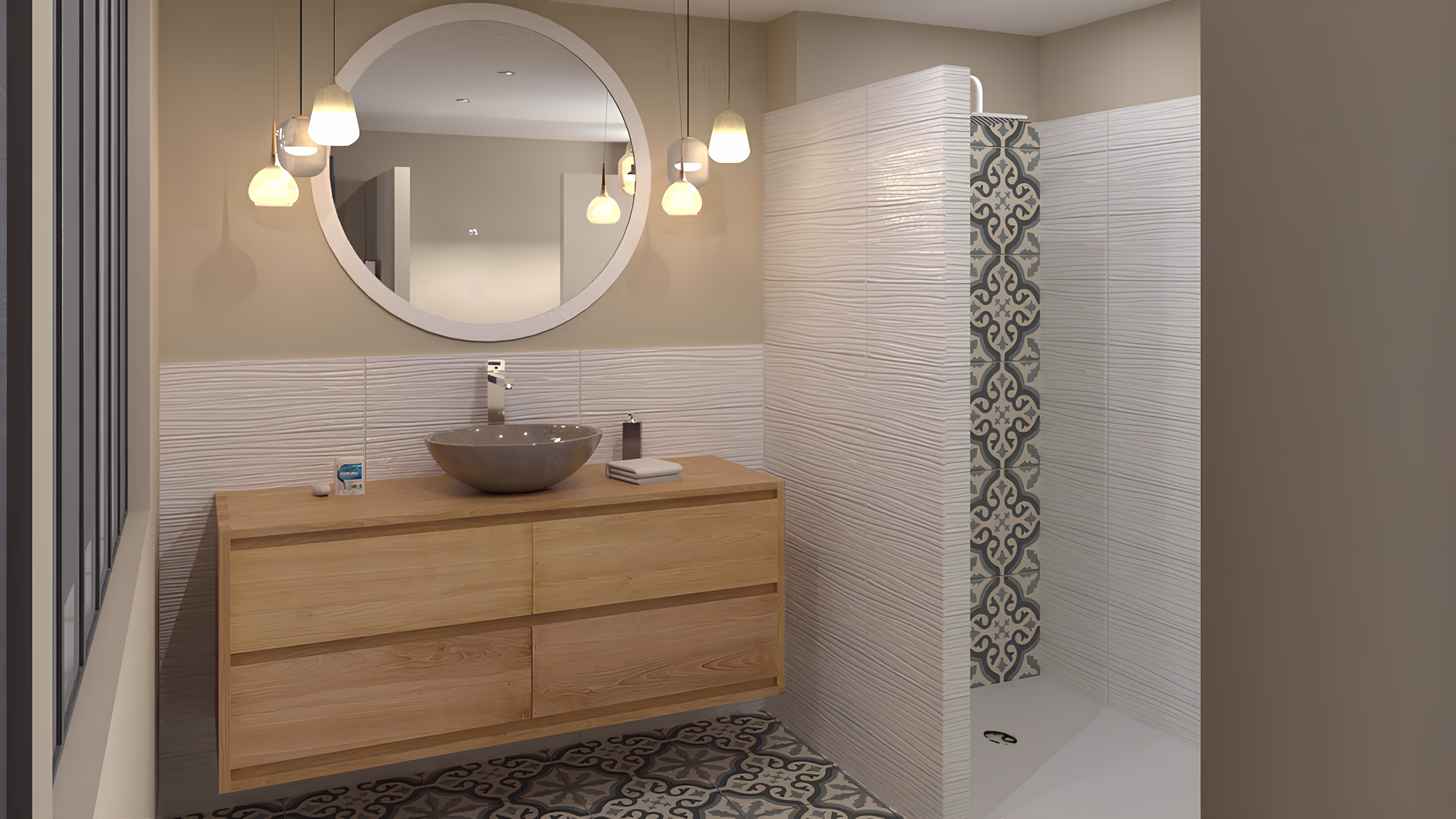 Salle de bain avec douche à l’italienne, projet La Tuilerie par SINA Architecture.
