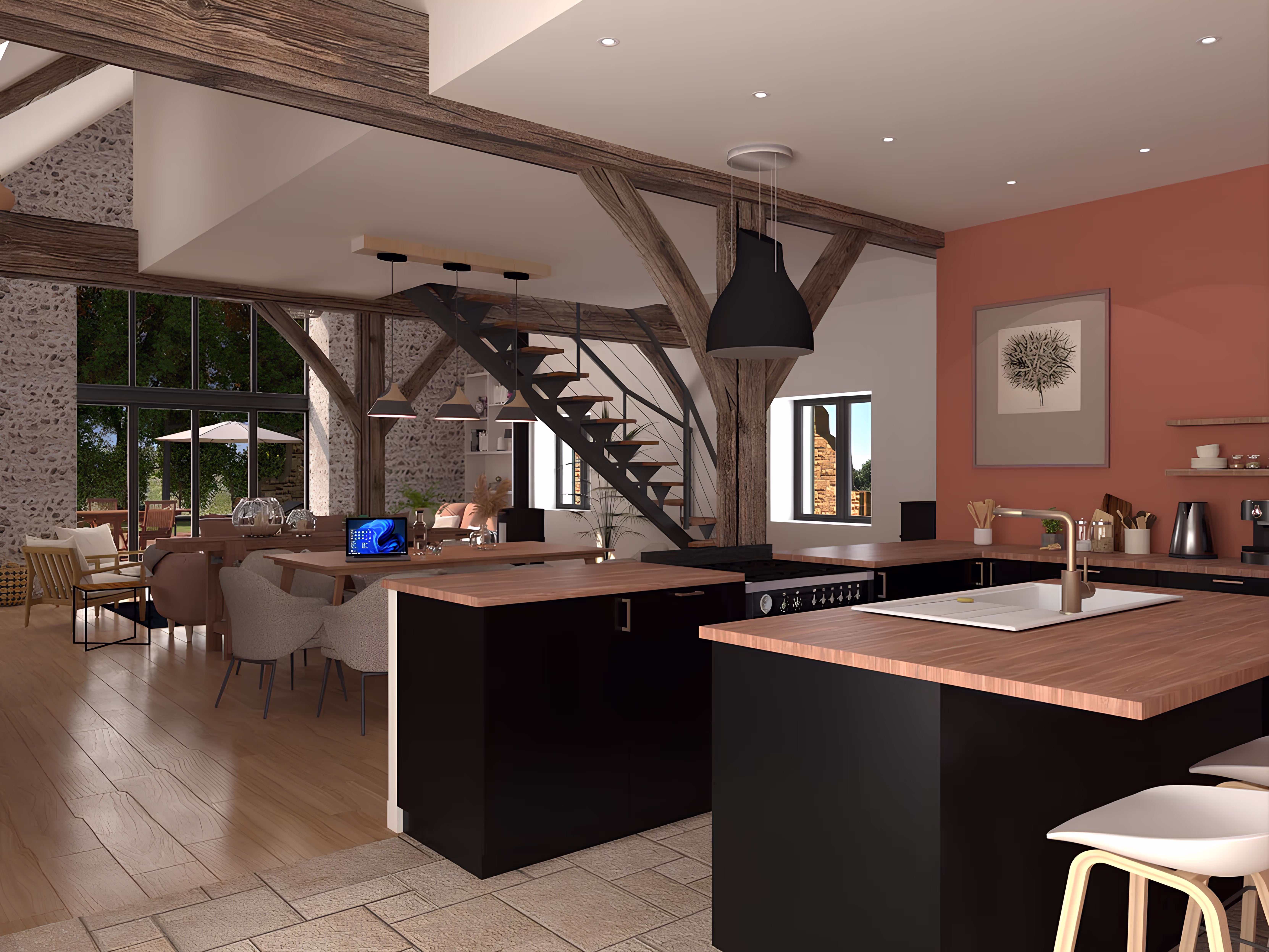 Rendu intérieur depuis la cuisine vers la pièce à vivre, projet La Tuilerie par SINA Architecture.