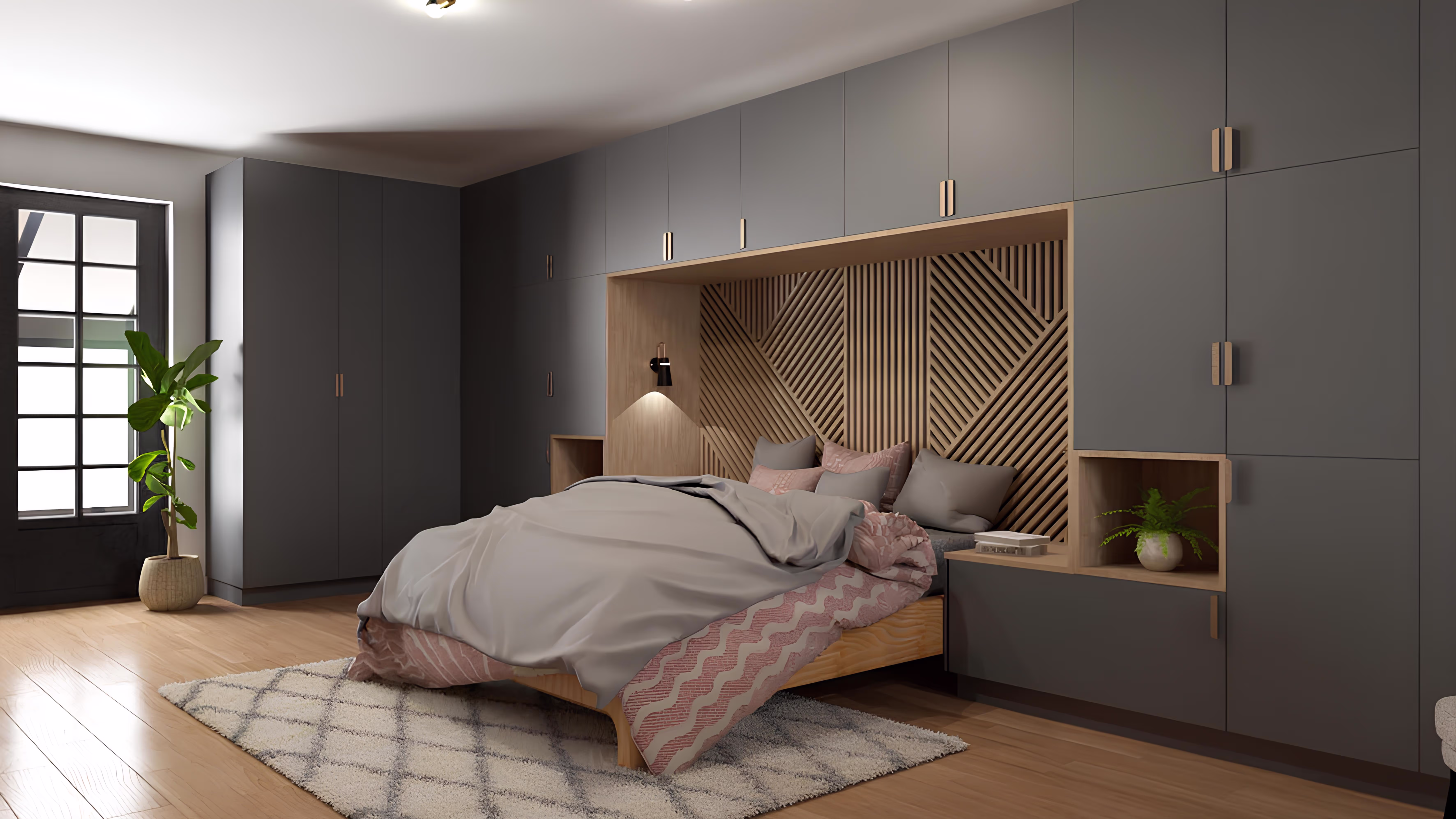 Chambre principale avec placards sur mesure et éclairage d’ambiance, projet La Tuilerie par SINA Architecture.