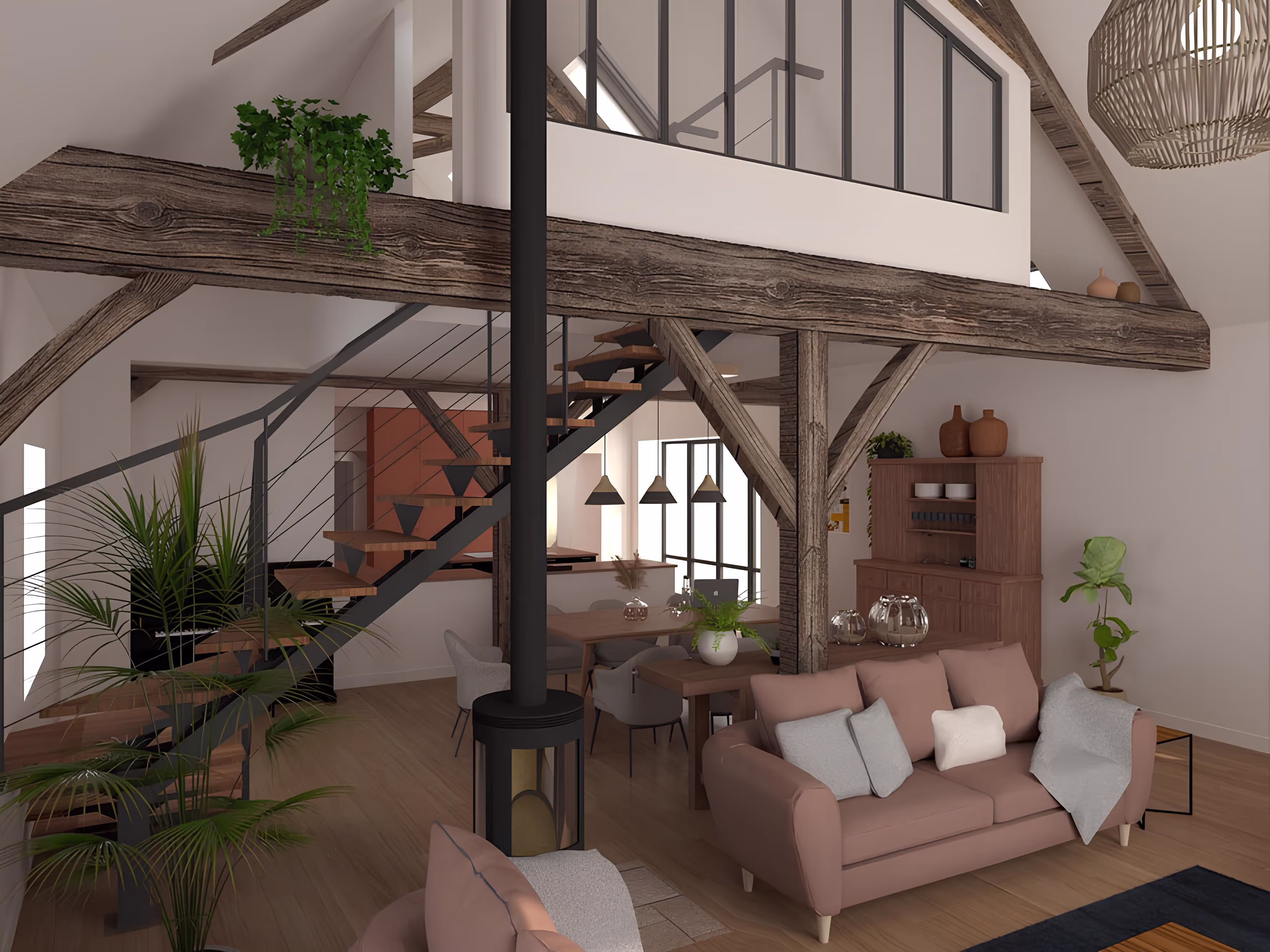 Vue intérieure du salon avec charpente apparente et escalier menant au nid flottant, projet La Tuilerie par SINA Architecture.