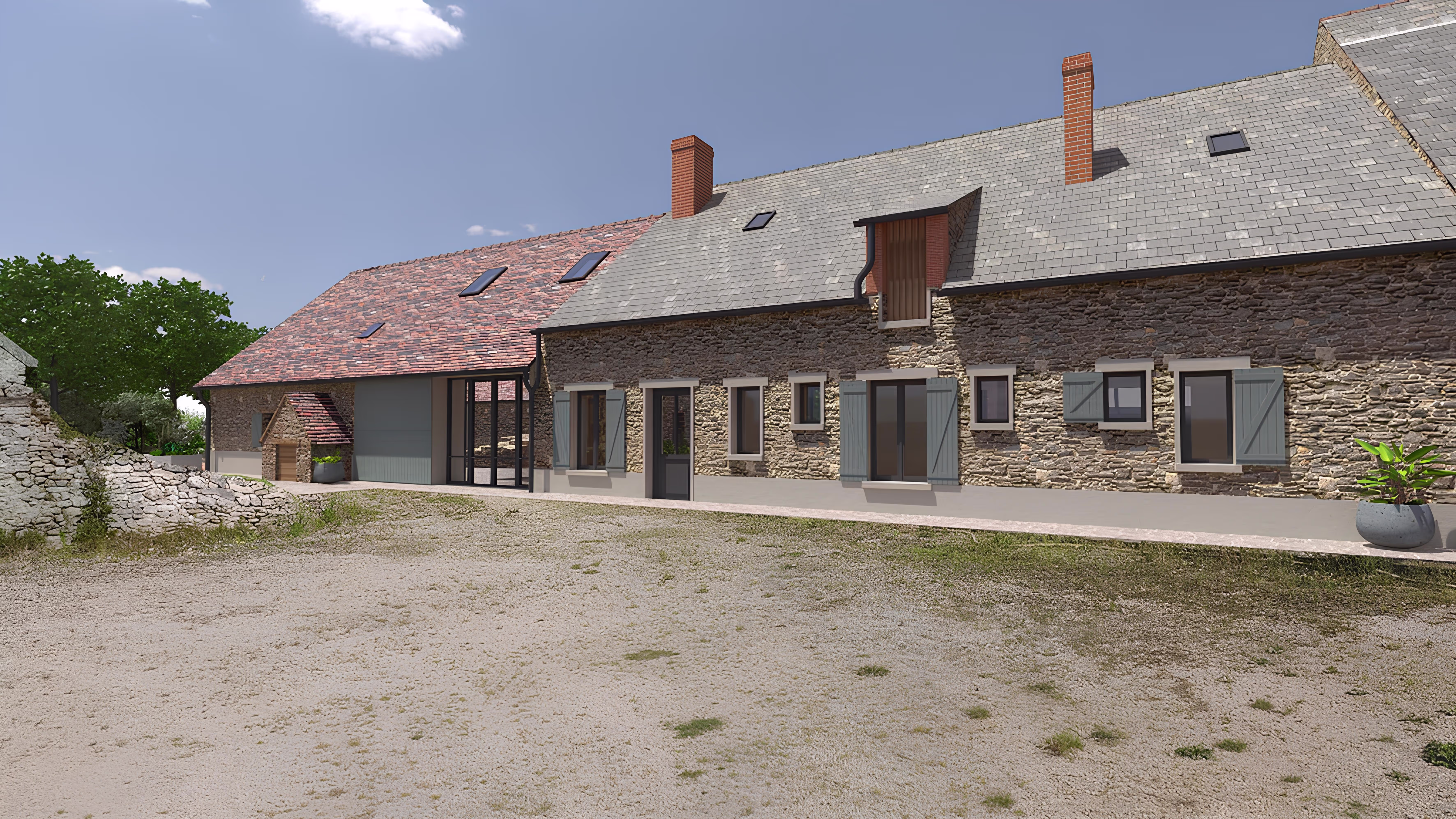 Façade avant rénovée de l’ancienne habitation avec volets verts et grandes baies vitrées, projet La Tuilerie par SINA Architecture.