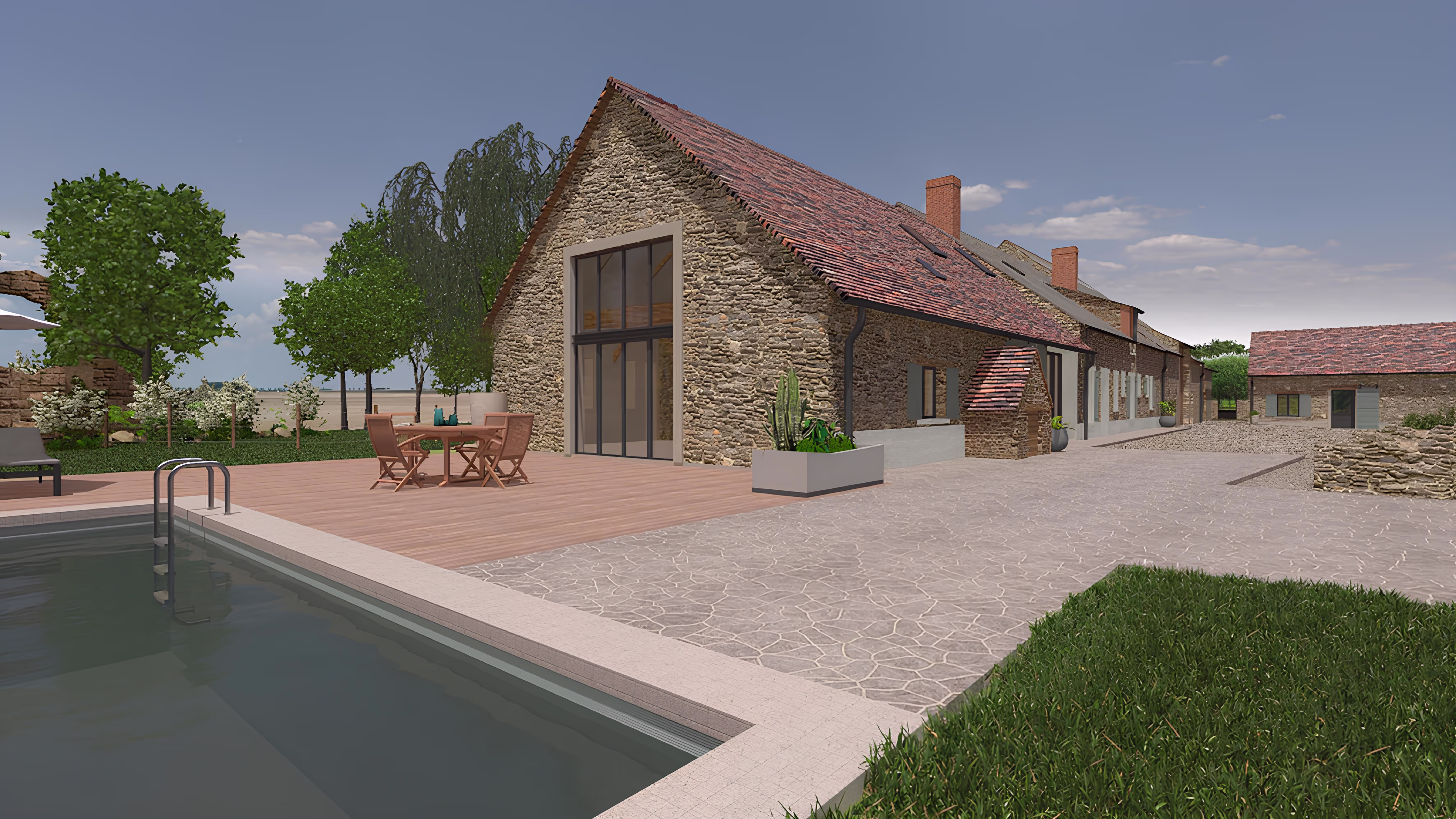 Vue extérieure côté jardin avec terrasse, piscine et baie vitrée de la grange rénovée, projet La Tuilerie par SINA Architecture.