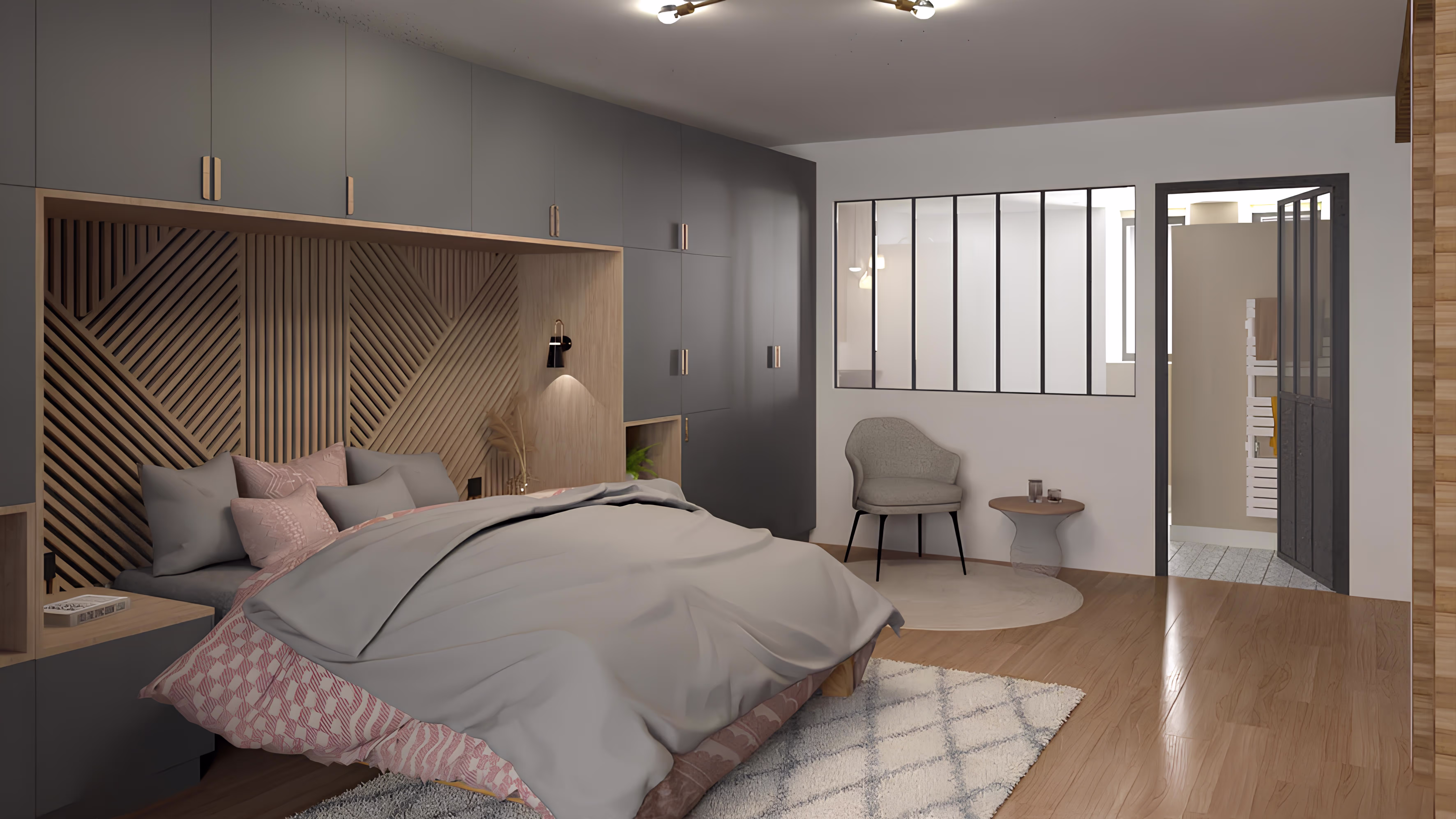 Chambre principale avec dressing intégré et salle de bain vitrée, projet La Tuilerie par SINA Architecture.