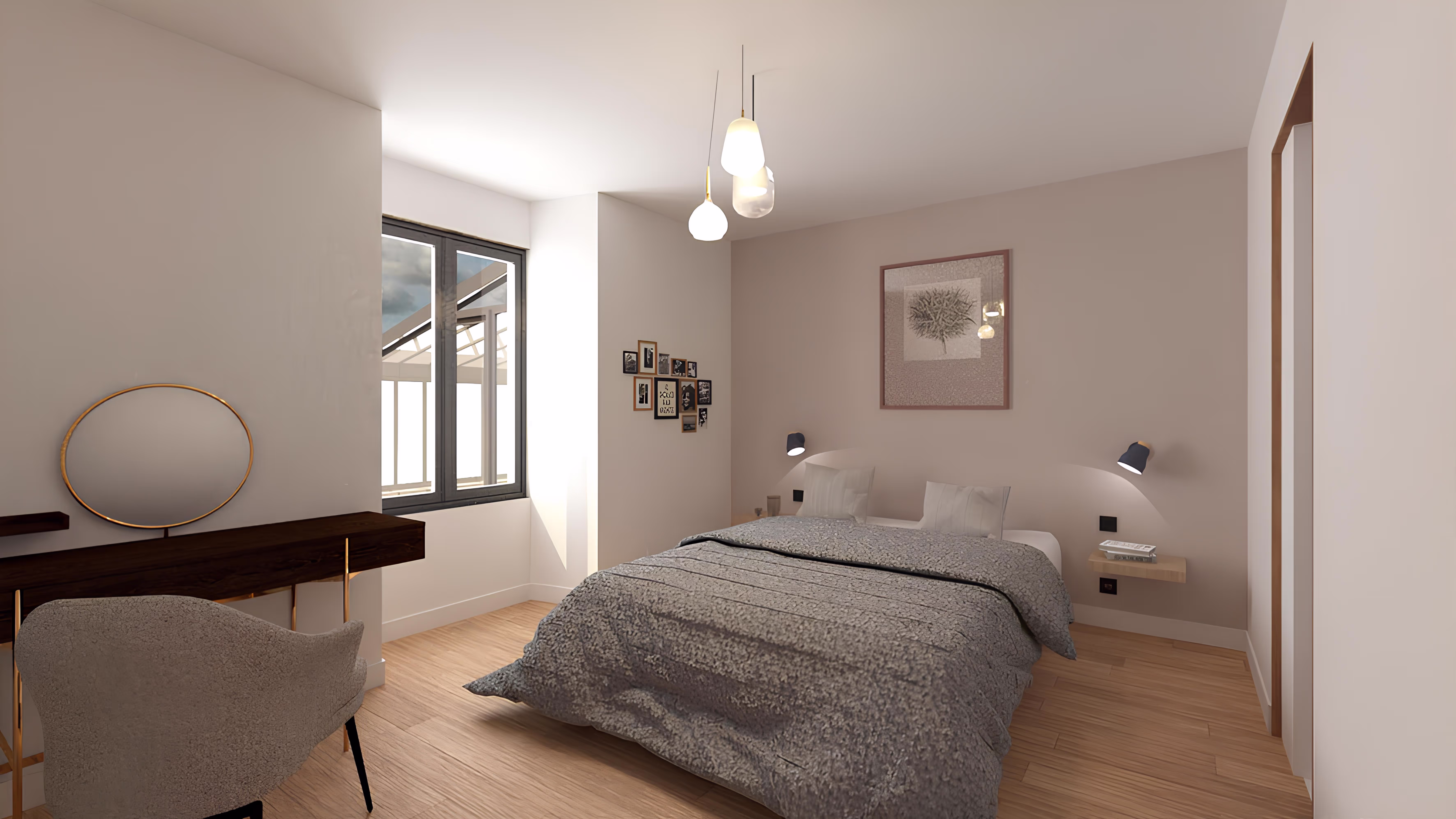 Chambre lumineuse avec espace bureau intégré, projet La Tuilerie par SINA Architecture.