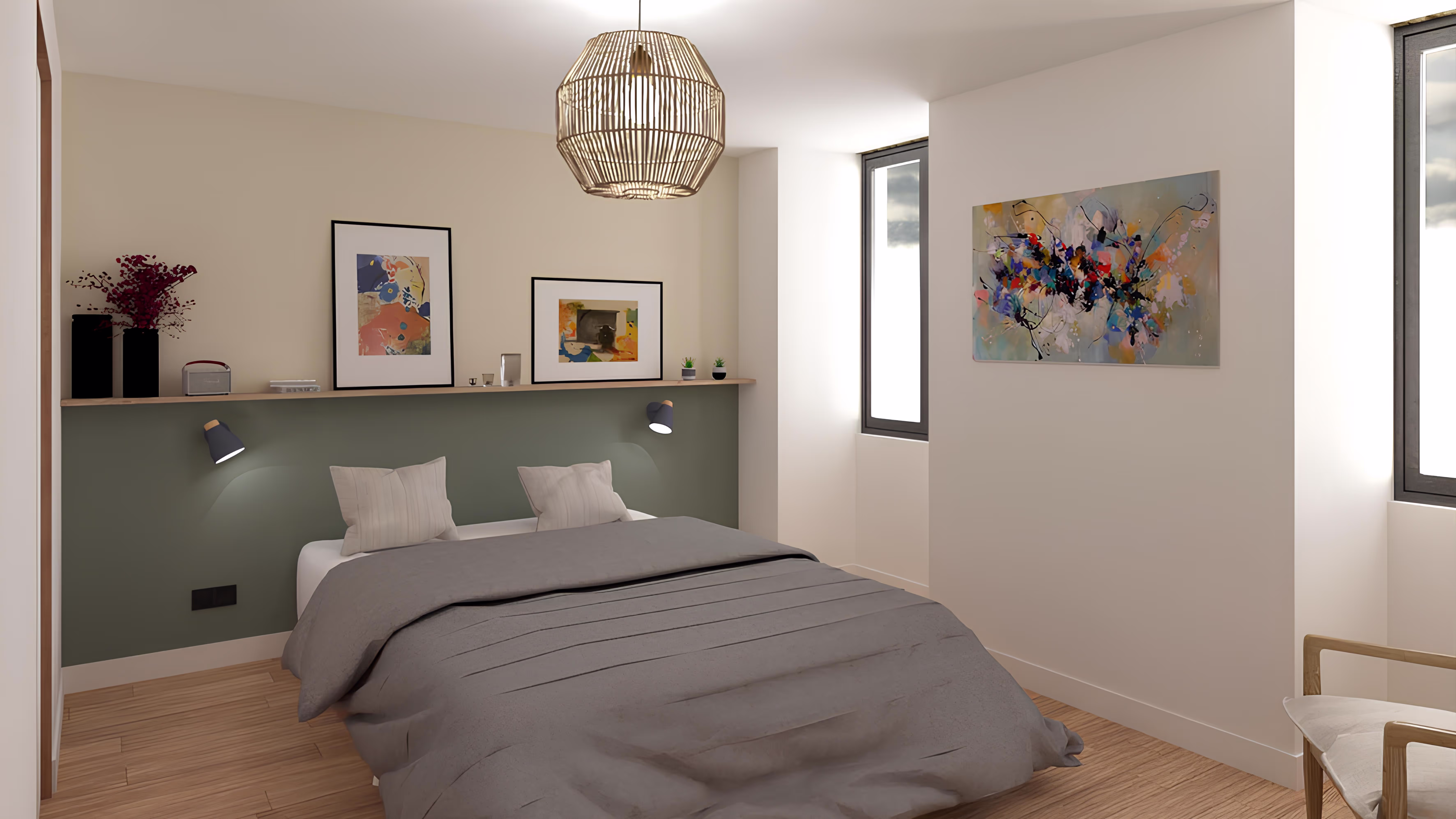 Chambre aux couleurs douces et décoration épurée, projet La Tuilerie par SINA Architecture.
