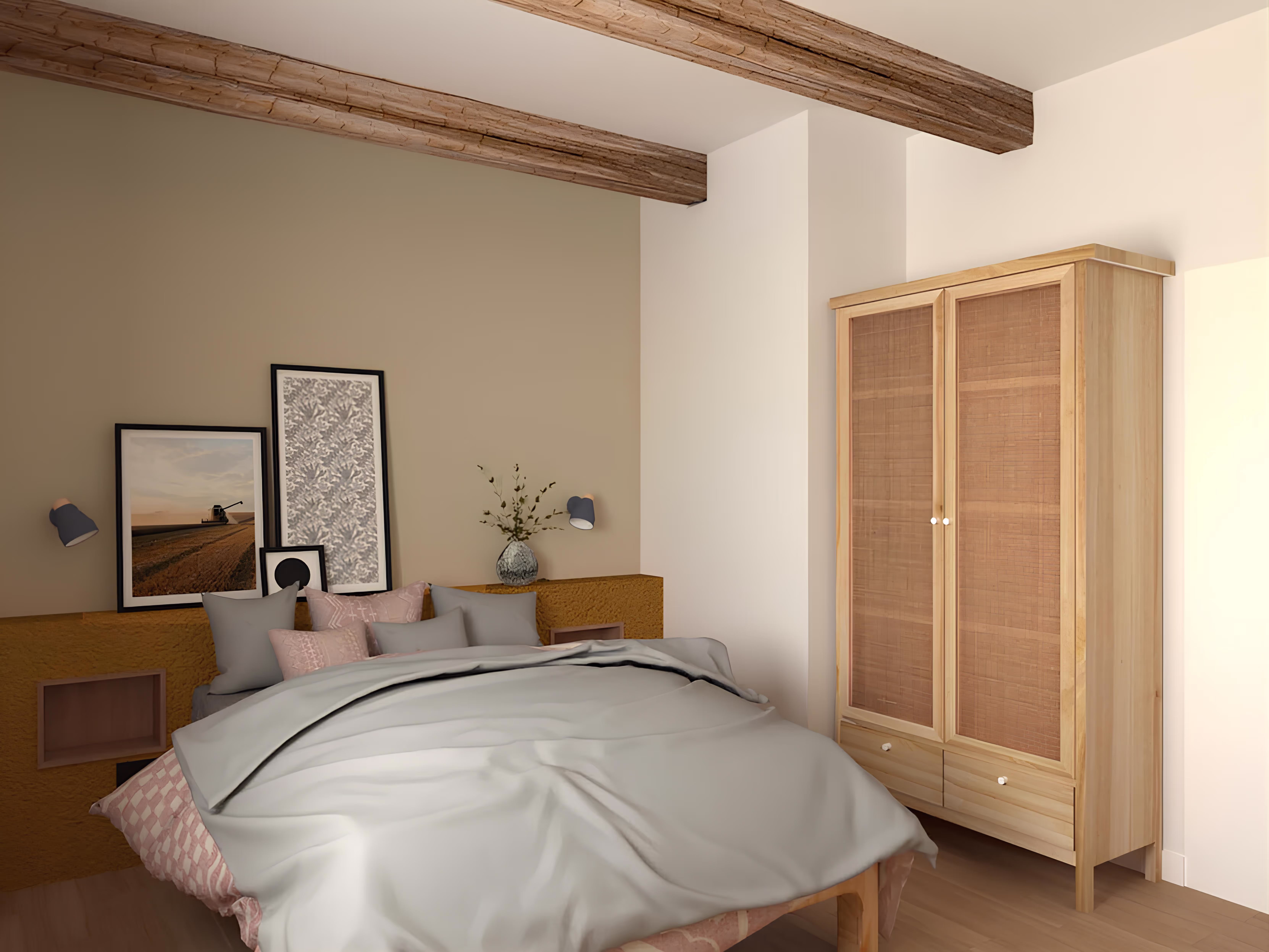 Chambre chaleureuse aux poutres apparentes, projet Le Gîte de la Tuilerie par SINA Architecture.