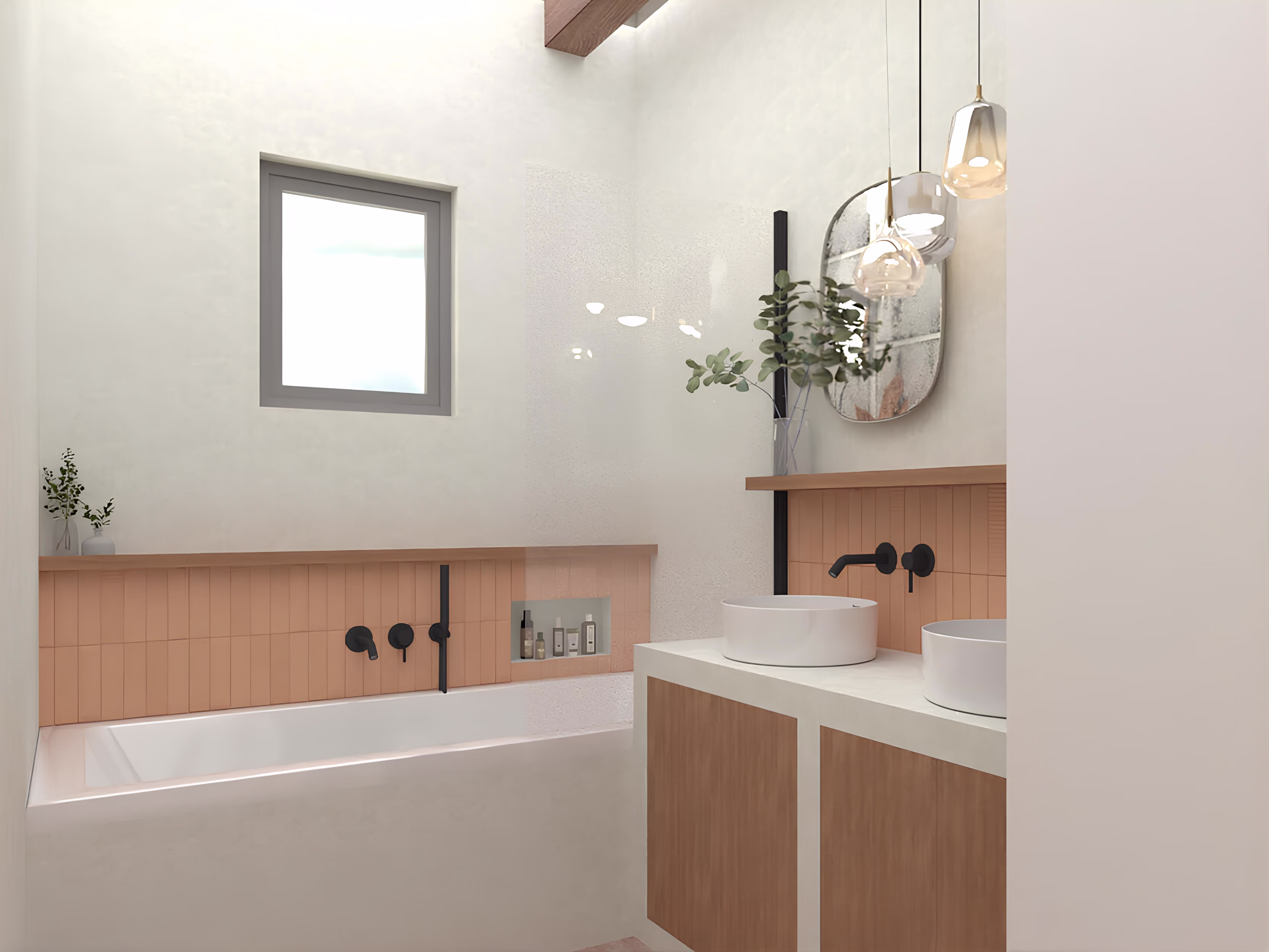 Salle de bain moderne aux tons clairs avec baignoire intégrée, projet Le Gîte de la Tuilerie par SINA Architecture.