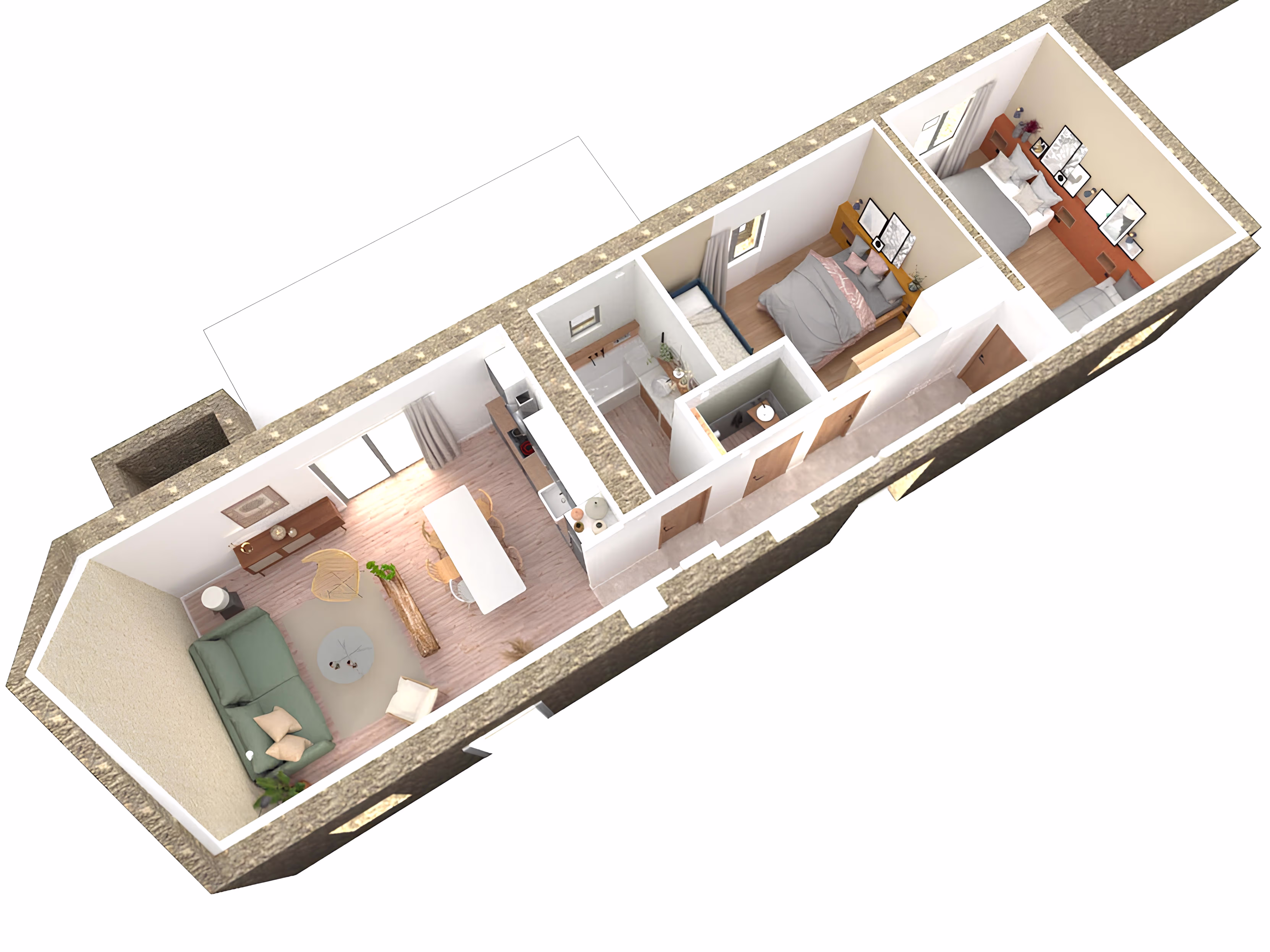 Vue aérienne 3D de l’ensemble du gîte présentant l’espace salon-cuisine et les chambres, projet Le Gîte de la Tuilerie par SINA Architecture.