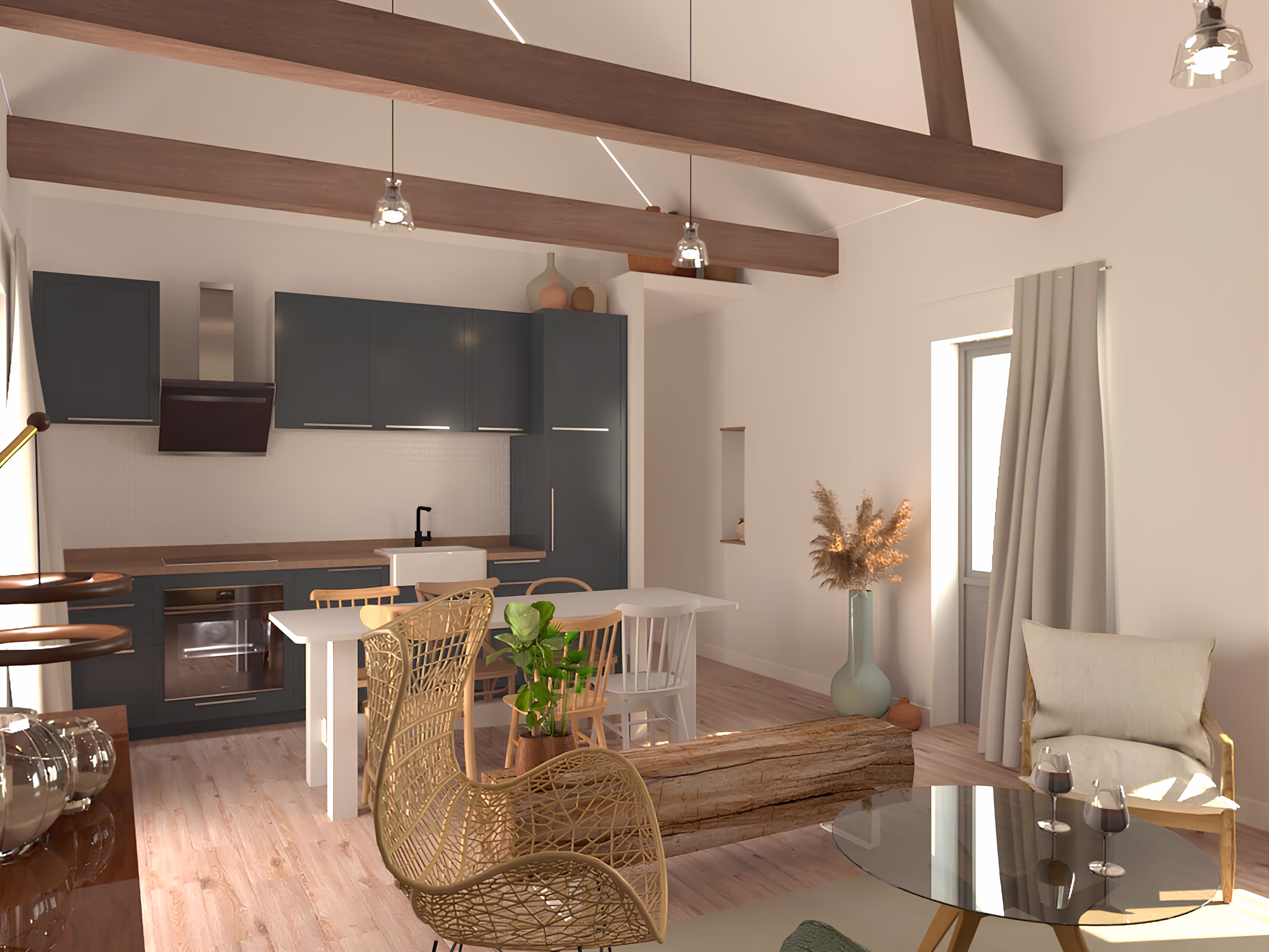 Cuisine ouverte moderne avec poutres apparentes et mobilier élégant, projet Le Gîte de la Tuilerie par SINA Architecture.