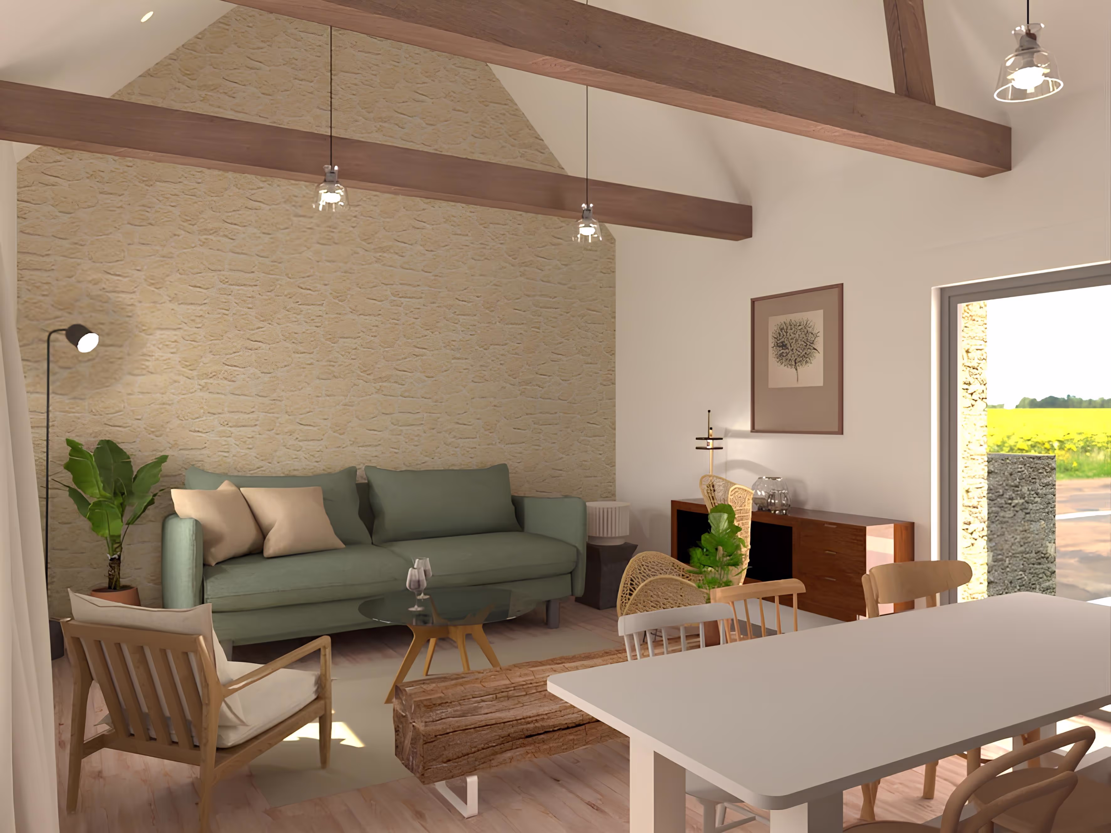 Salon chaleureux avec mur en pierre apparente, canapé vert et décoration naturelle, projet Le Gîte de la Tuilerie par SINA Architecture.