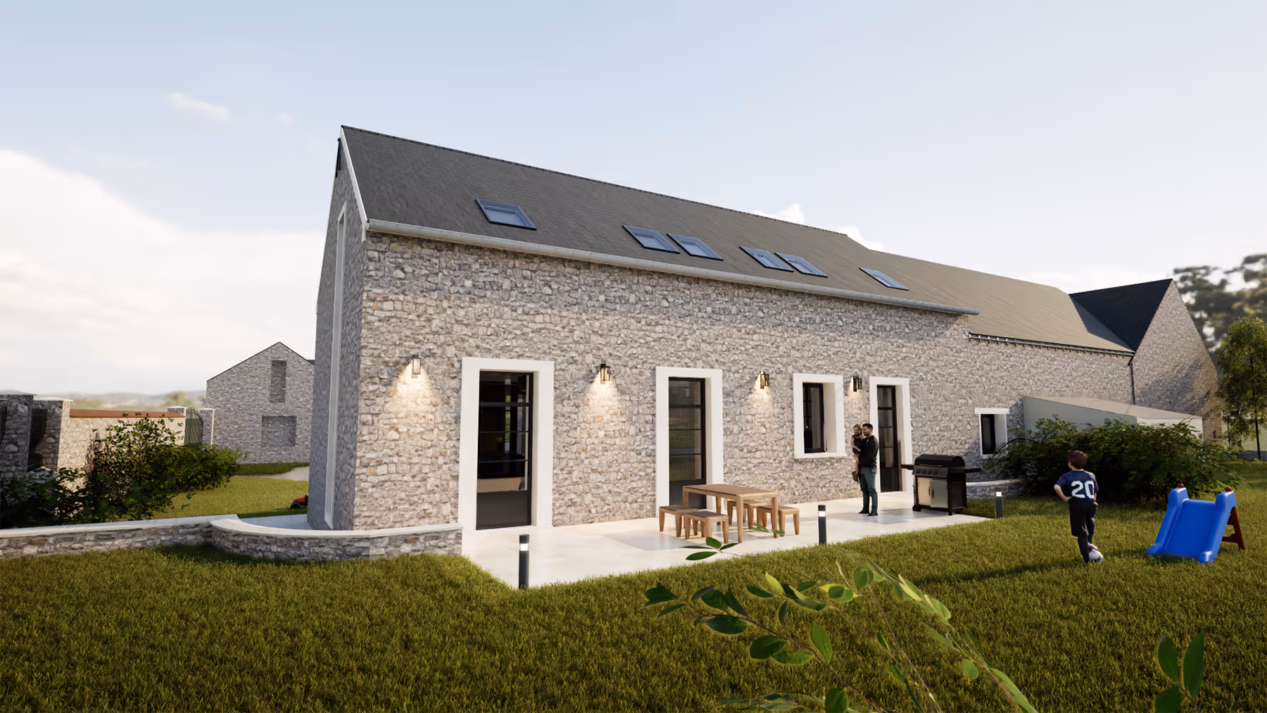 Rendu 3D de la façade jardin du corps de ferme réhabilité avec terrasse, Le Trapeau, SINA Architecture